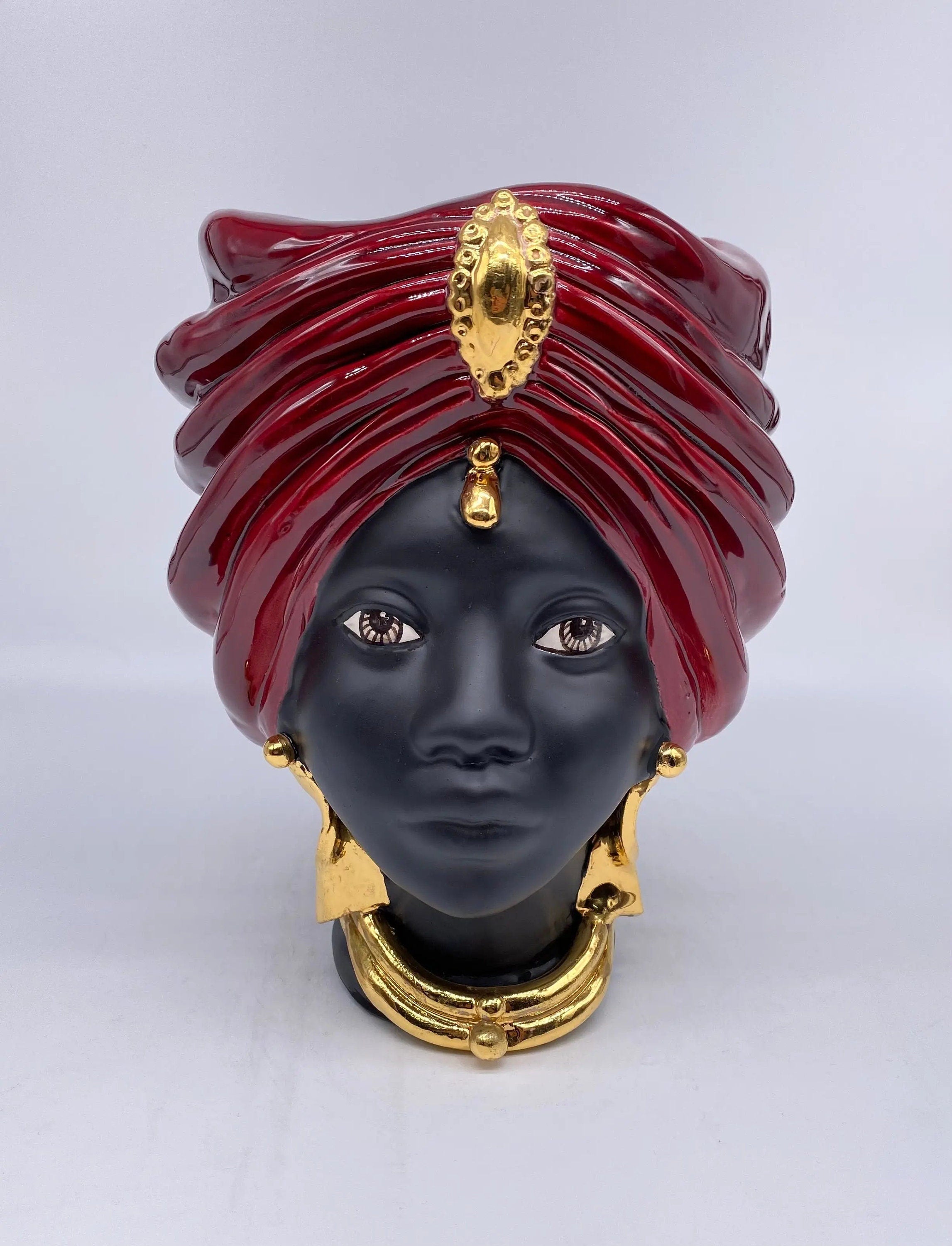 Teste di Moro Atena Ceramica Caltagirone cm H.24 L.18 Artigianale Bordeaux Opaco Oro DD CERAMICHE SICILIANE