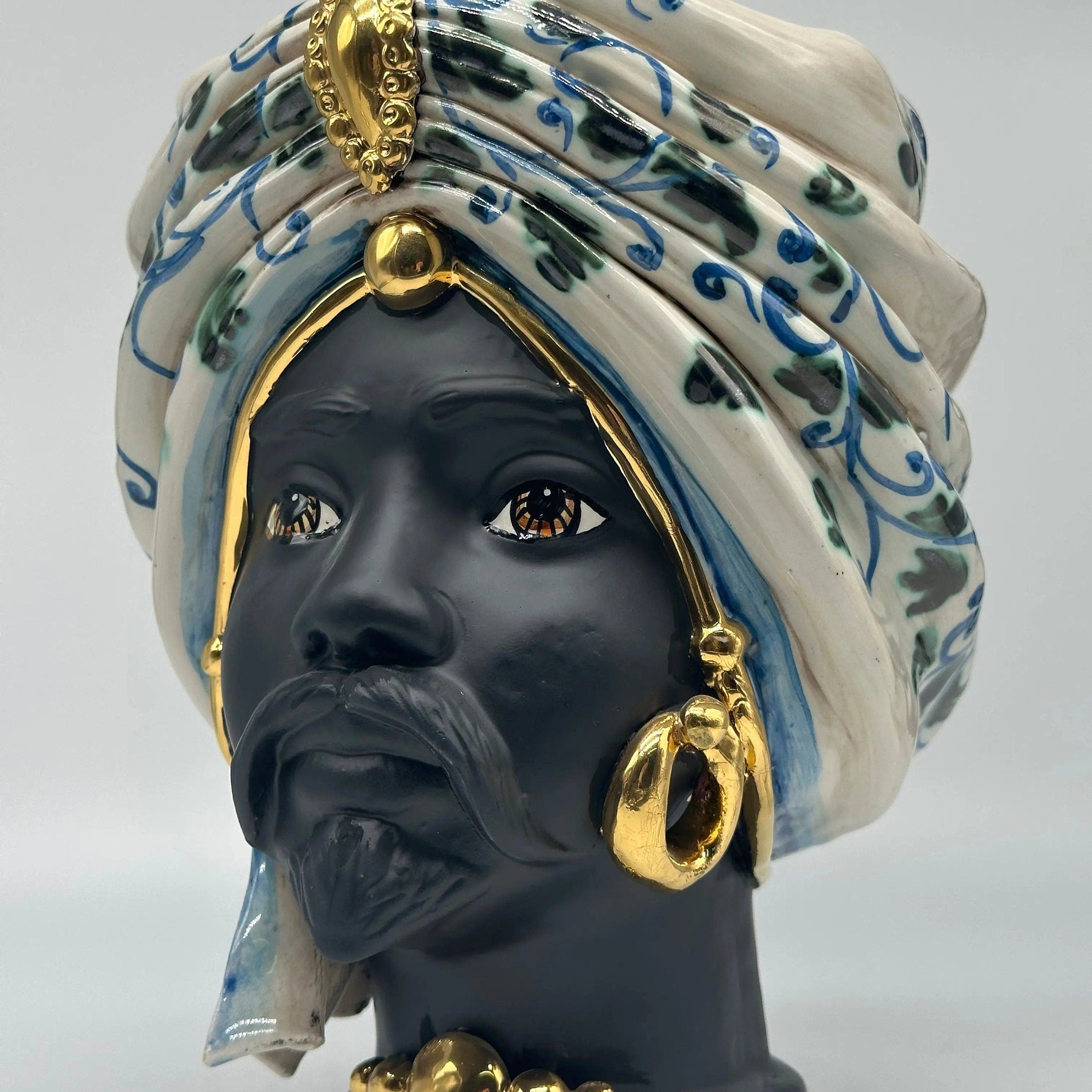 Teste di Moro Atena Ceramica Caltagirone cm H.24 L.18 Artigianale Bianco Barocco Blu Verde Oro DD CERAMICHE SICILIANE