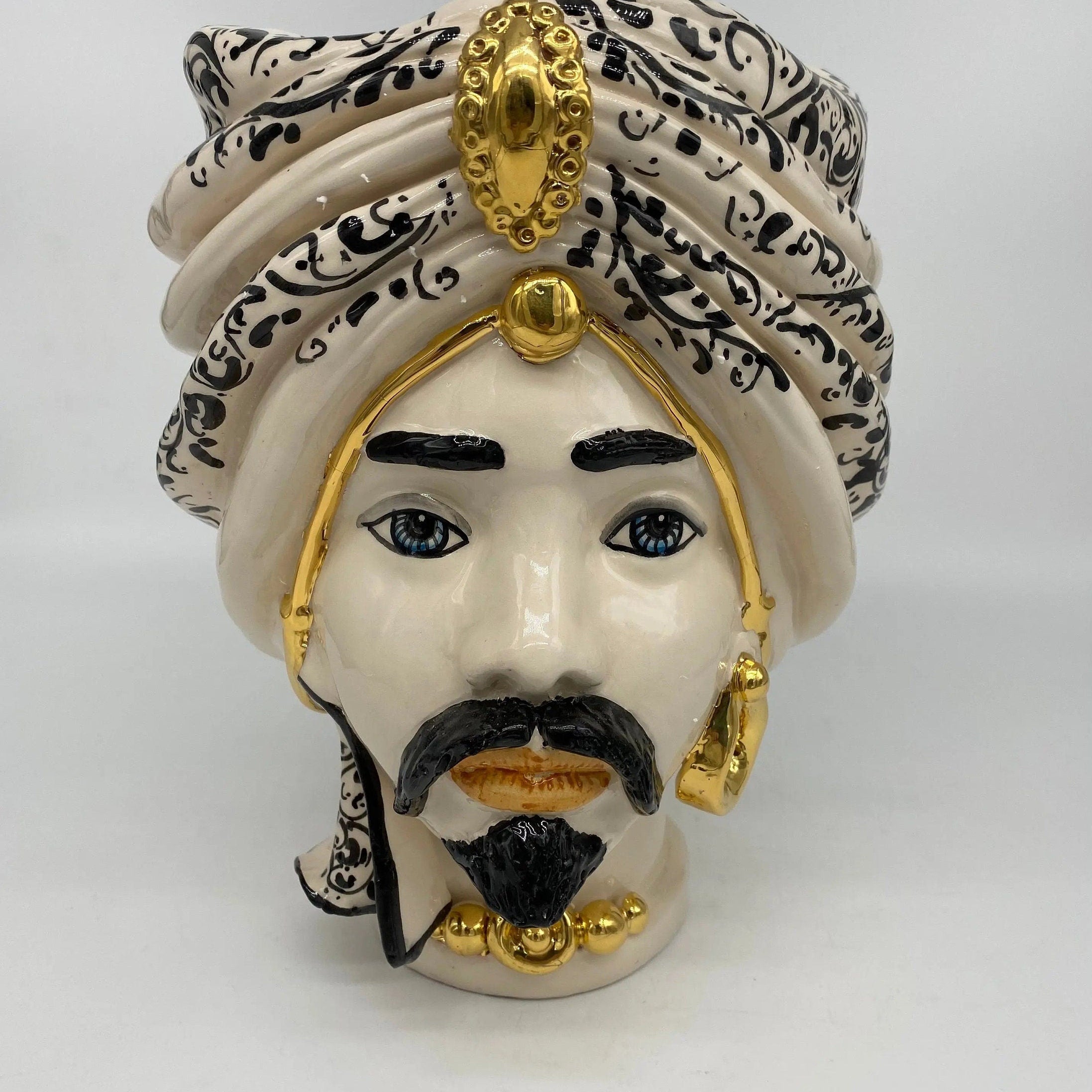 Teste di Moro Atena Ceramica Caltagirone cm H.24 L.18 Artigianale Bianco Decoro Barocco Oro DD CERAMICHE SICILIANE