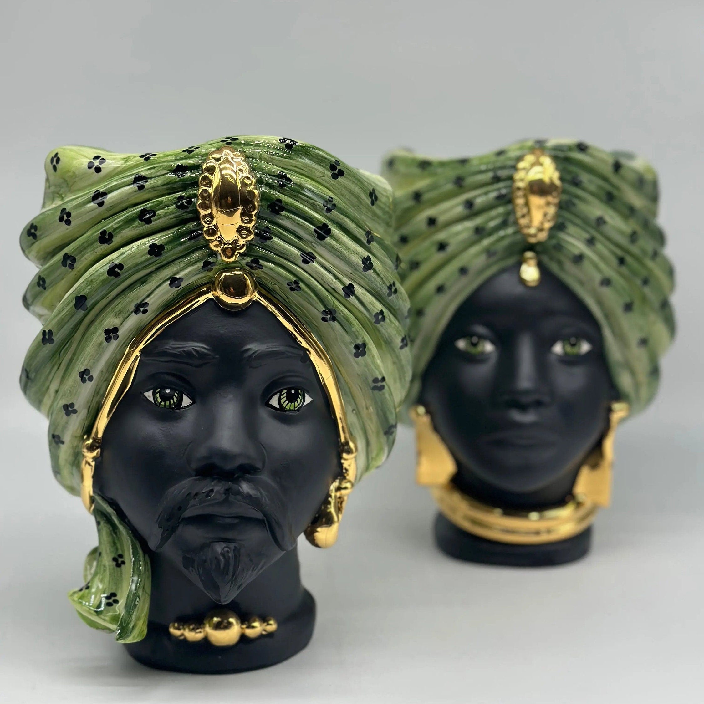 Teste di Moro Atena Ceramica Caltagirone cm H.24 L.18 Artigianale Verde Pois Nero Oro DD CERAMICHE SICILIANE