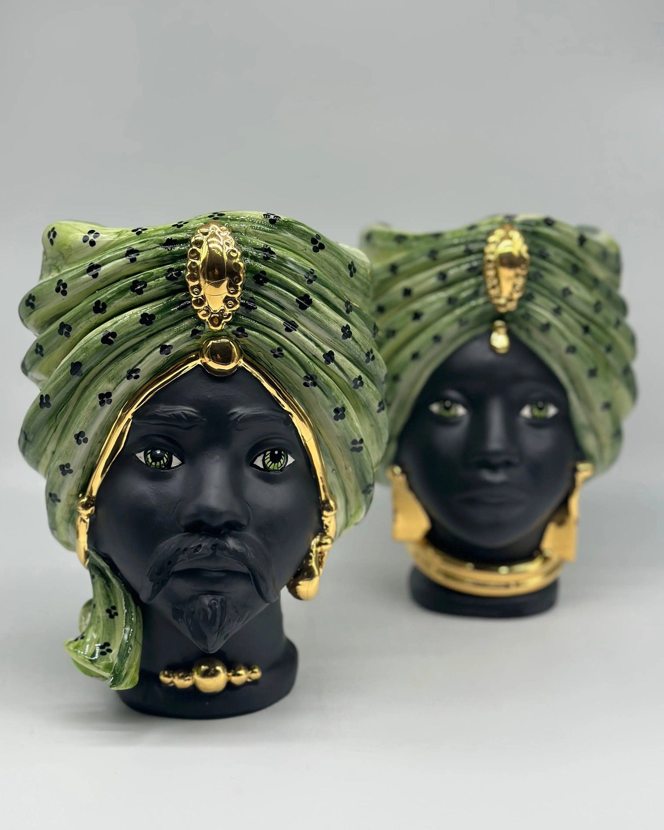 Teste di Moro Atena Ceramica Caltagirone cm H.24 L.18 Artigianale Verde Pois Nero Oro DD CERAMICHE SICILIANE
