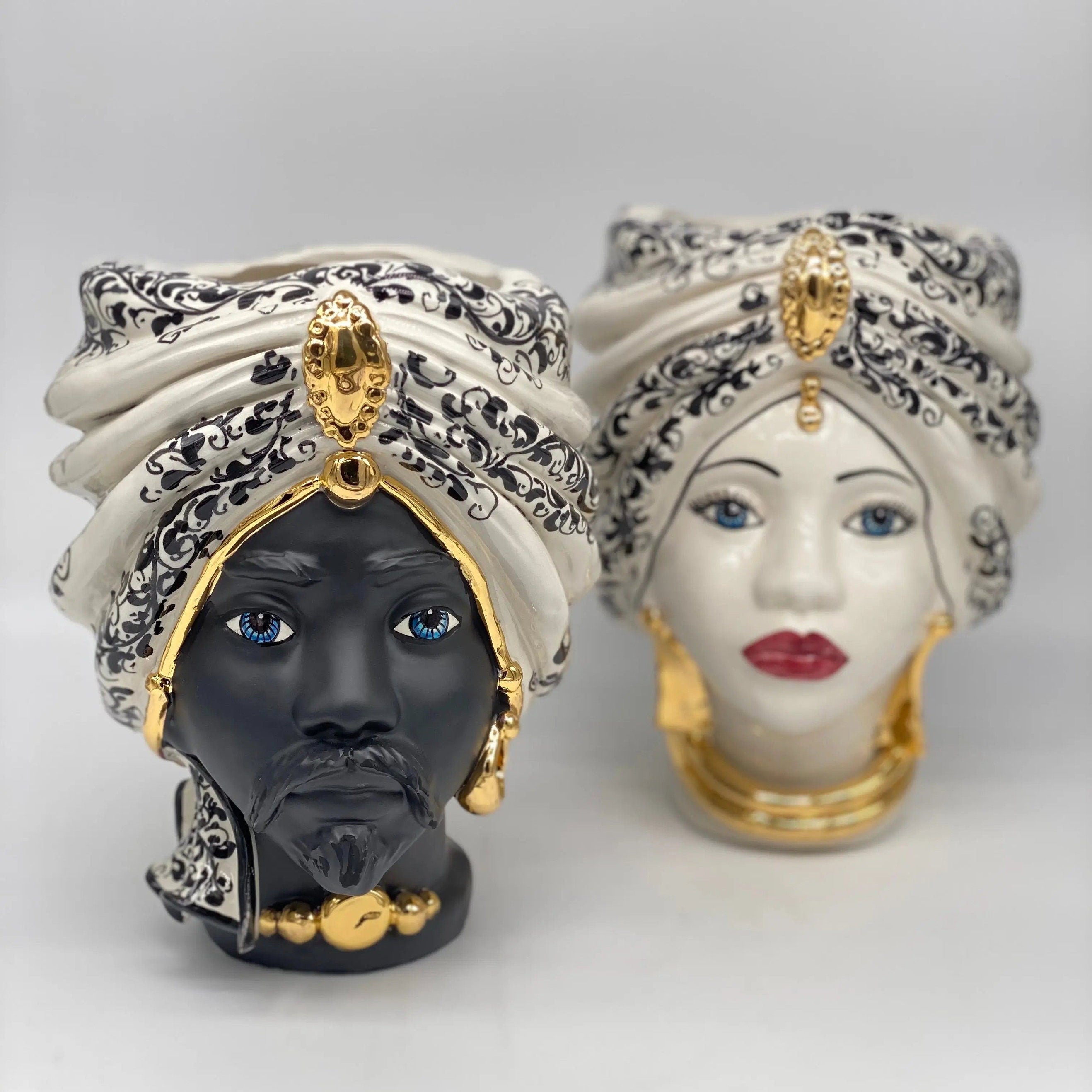 Teste di Moro Atena Ceramica Caltagirone cm H.24 L.18 Artigianale Opaco Bianco Barocco Oro DD CERAMICHE SICILIANE