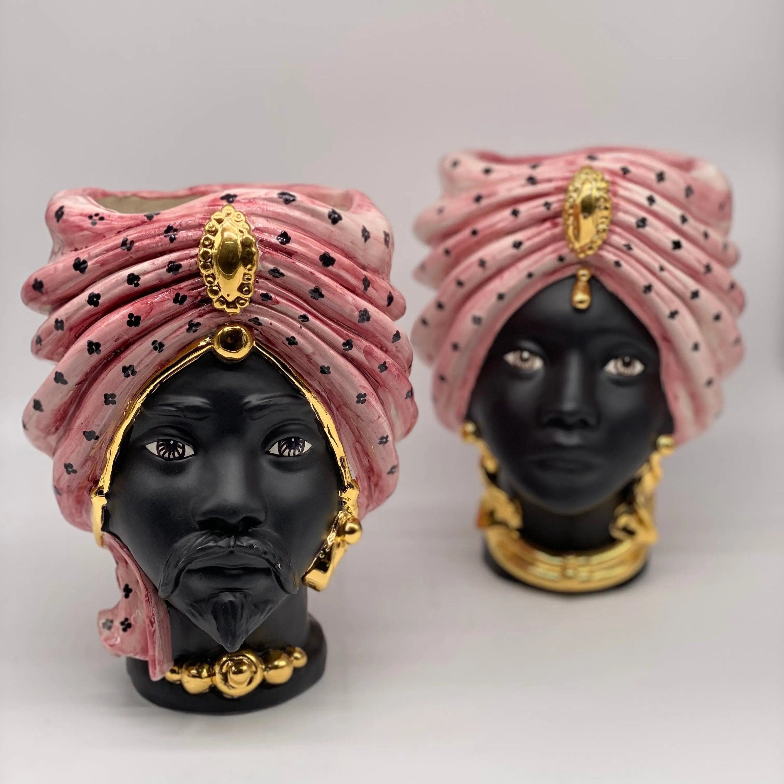 Teste di Moro Atena Ceramica Caltagirone cm H.24 L.18 Artigianale Rosa Pois Nero Oro DD CERAMICHE SICILIANE