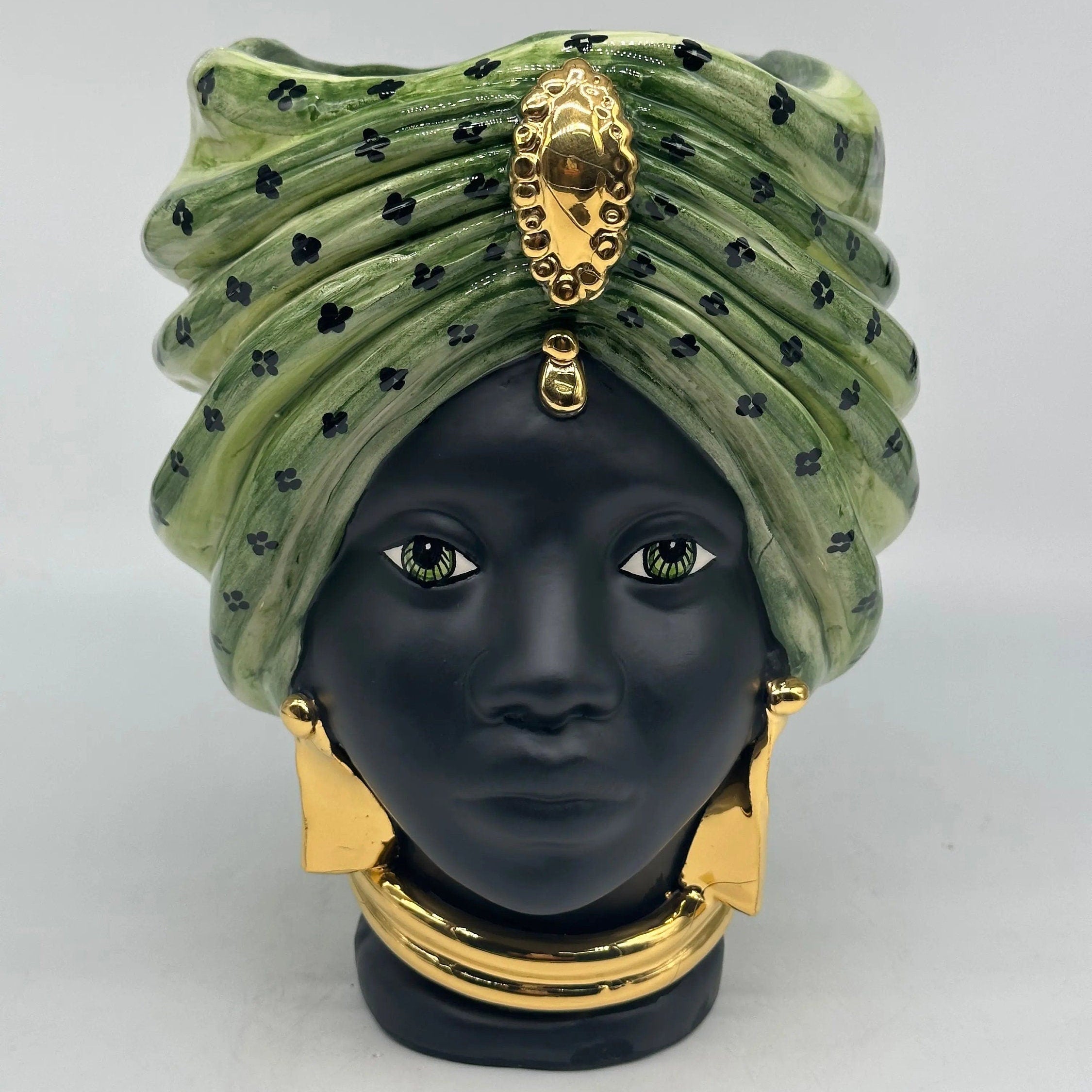 Teste di Moro Atena Ceramica Caltagirone cm H.24 L.18 Artigianale Verde Pois Nero Oro DD CERAMICHE SICILIANE