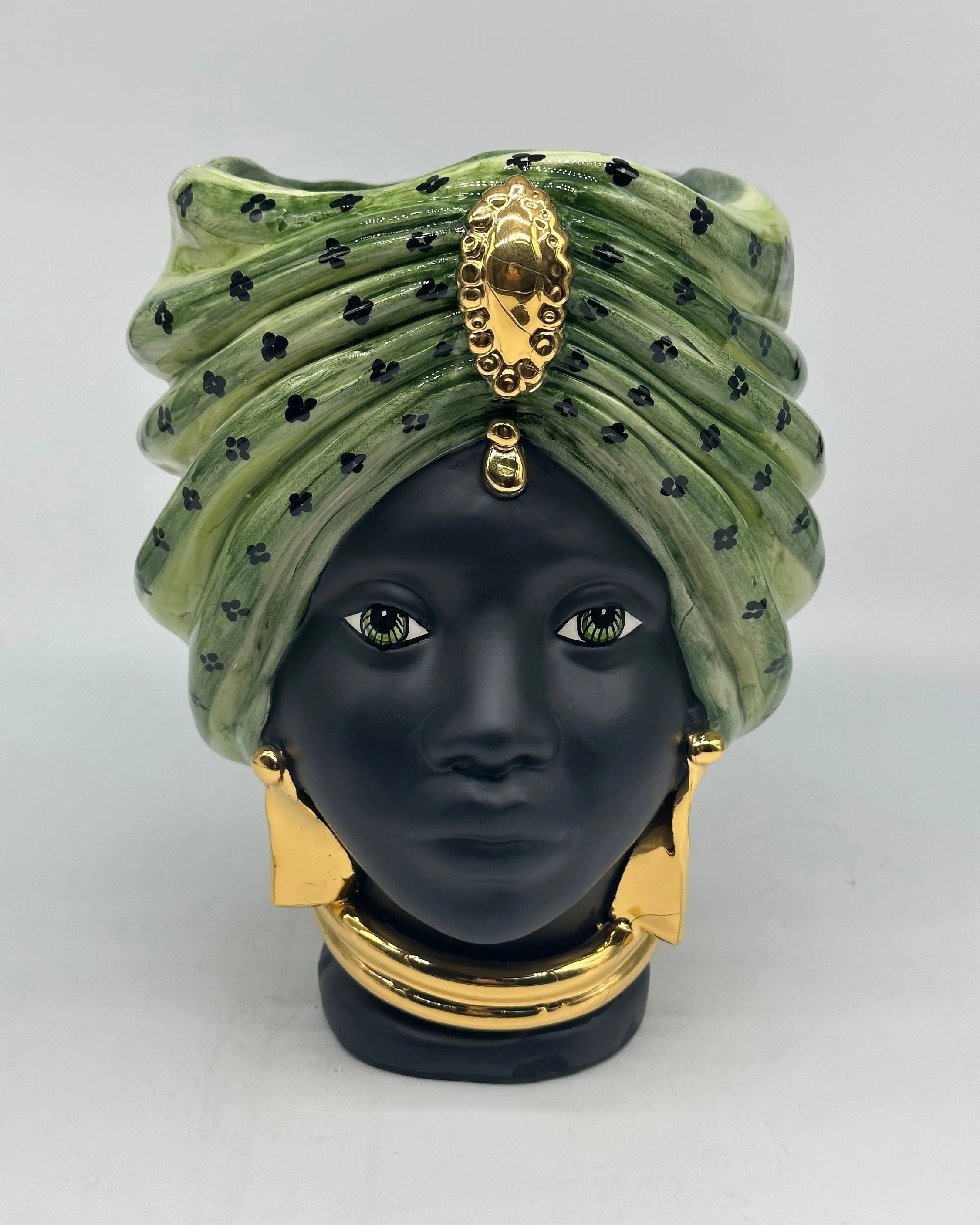 Teste di Moro Atena Ceramica Caltagirone cm H.24 L.18 Artigianale Verde Pois Nero Oro DD CERAMICHE SICILIANE