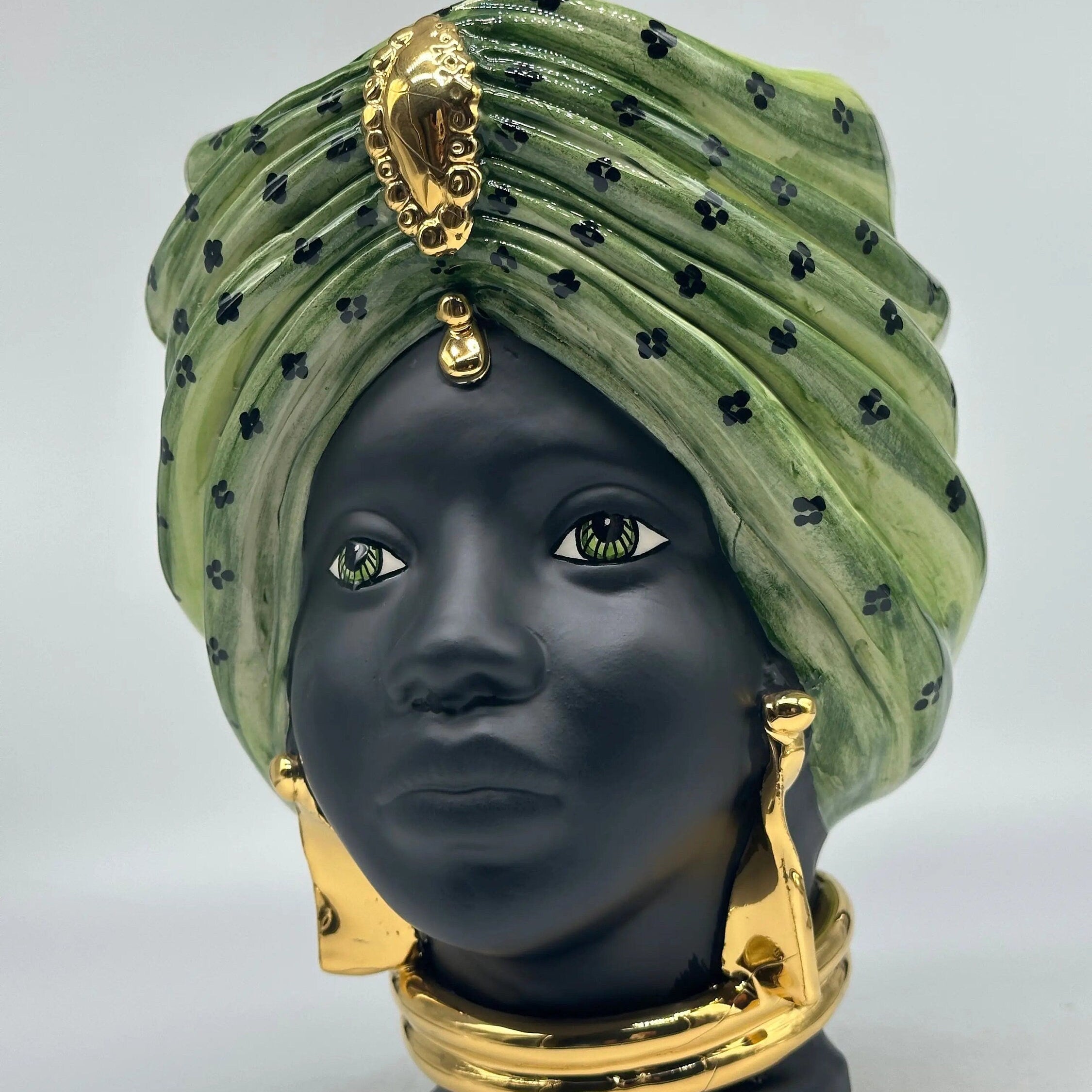 Teste di Moro Atena Ceramica Caltagirone cm H.24 L.18 Artigianale Verde Pois Nero Oro DD CERAMICHE SICILIANE
