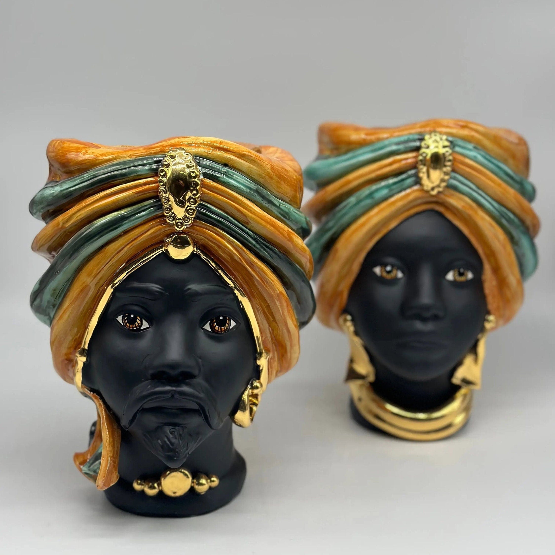 Teste di Moro Atena Ceramica Caltagirone cm H.24 L.18 Artigianale Ocra Verde Nero Oro DD CERAMICHE SICILIANE