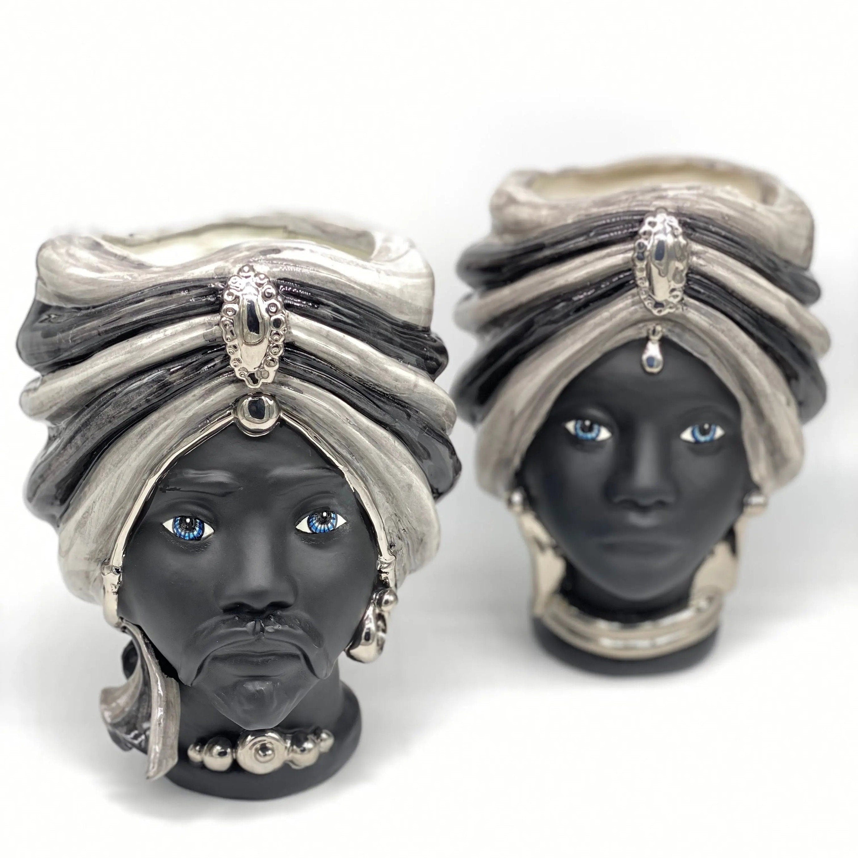 Teste di Moro Atena Ceramica Caltagirone cm H.24 L.18 Artigianale Grigio Nero Platino DD CERAMICHE SICILIANE