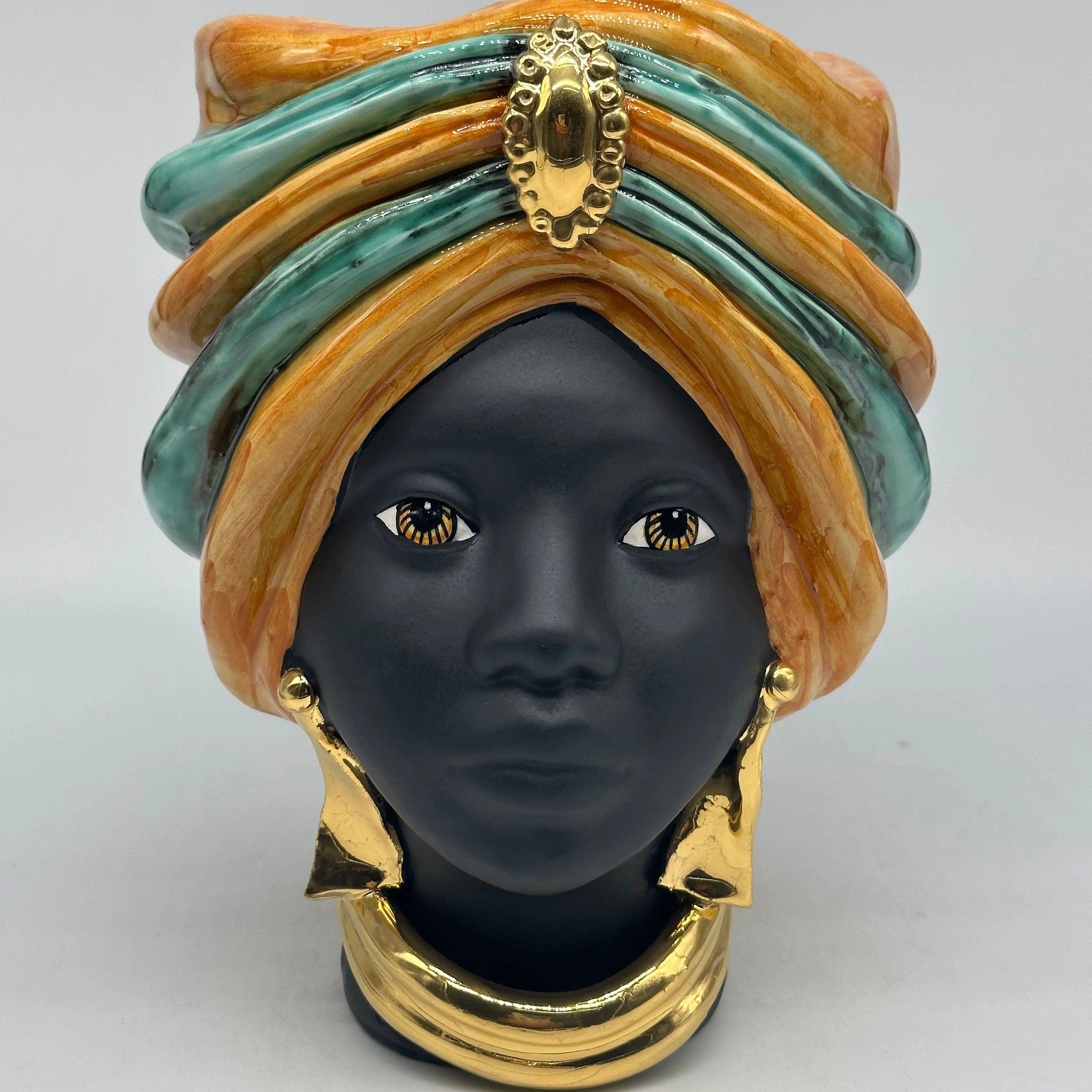 Teste di Moro Atena Ceramica Caltagirone cm H.24 L.18 Artigianale Ocra Verde Nero Oro DD CERAMICHE SICILIANE