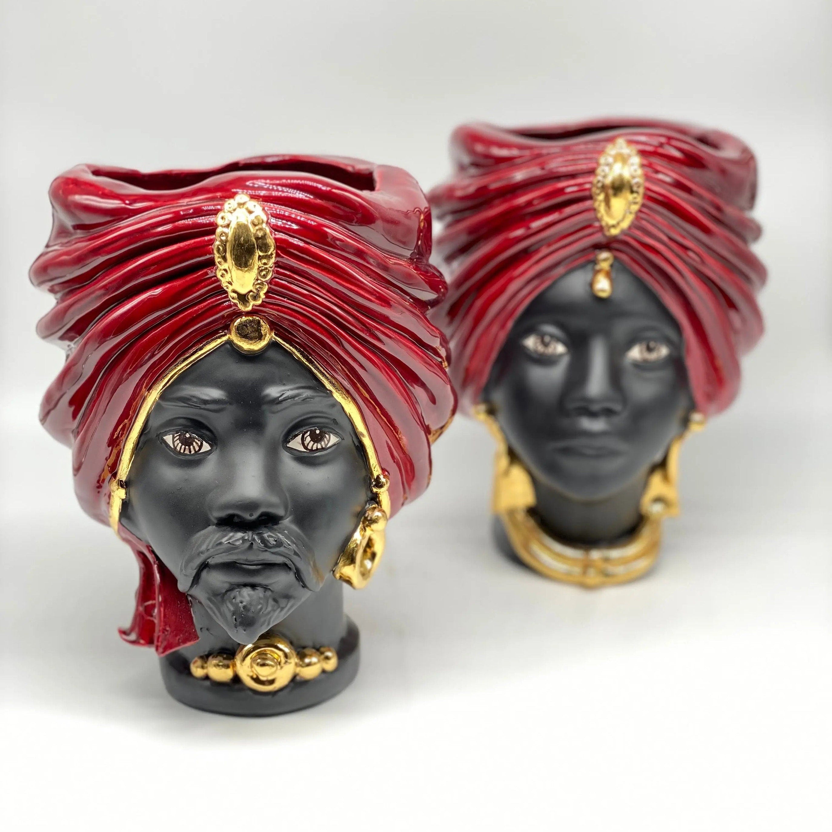 Teste di Moro Atena Ceramica Caltagirone cm H.24 L.18 Artigianale Bordeaux Opaco Oro DD CERAMICHE SICILIANE