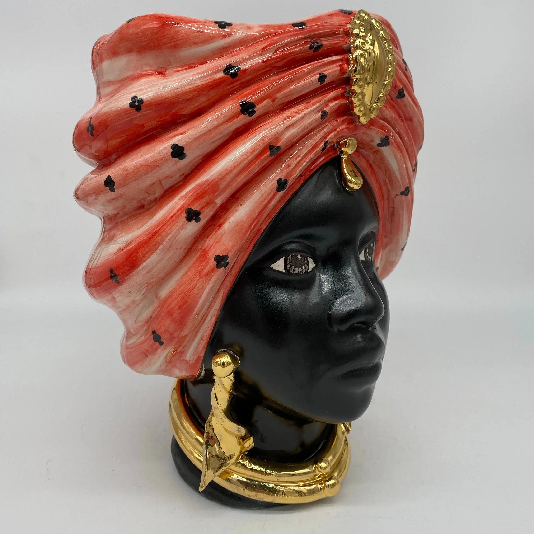 Teste di Moro Atena Ceramica Caltagirone cm H.24 L.18 Artigianale Rosso Pois Nero Oro DD CERAMICHE SICILIANE