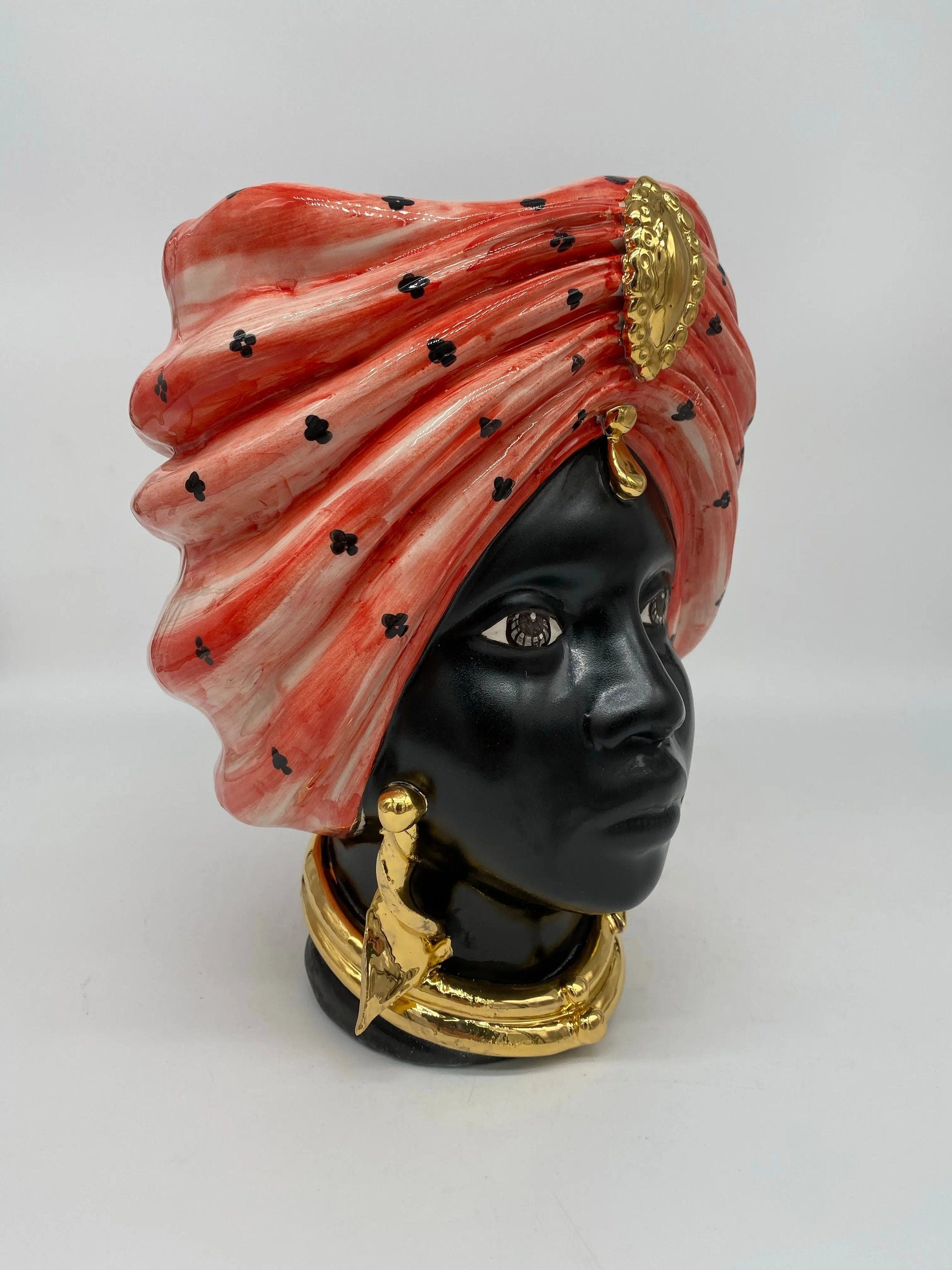 Teste di Moro Atena Ceramica Caltagirone cm H.24 L.18 Artigianale Rosso Pois Nero Oro DD CERAMICHE SICILIANE