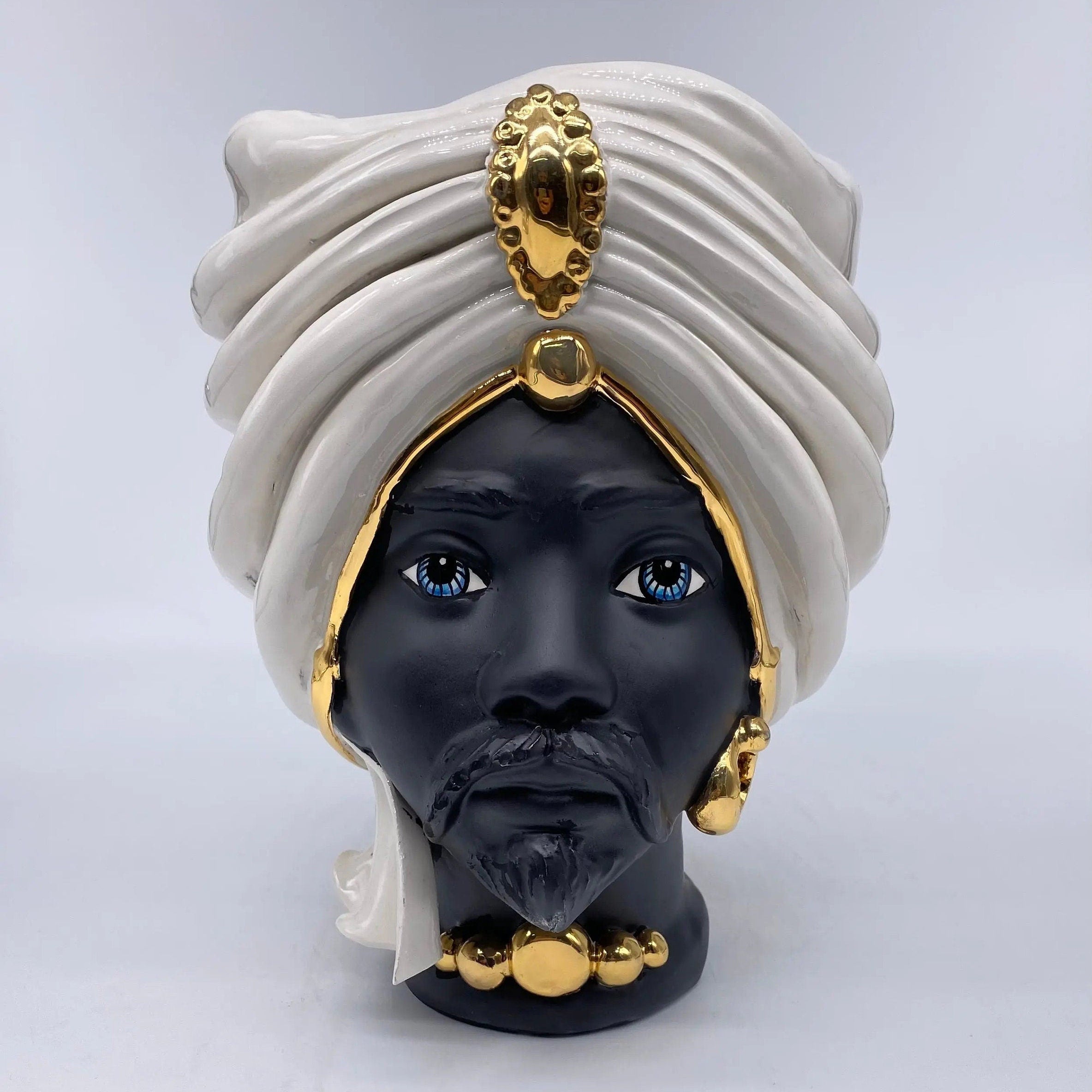 Teste di Moro Atena Ceramica Caltagirone cm H.24 L.18 Artigianale Bianco Nero Oro DD CERAMICHE SICILIANE
