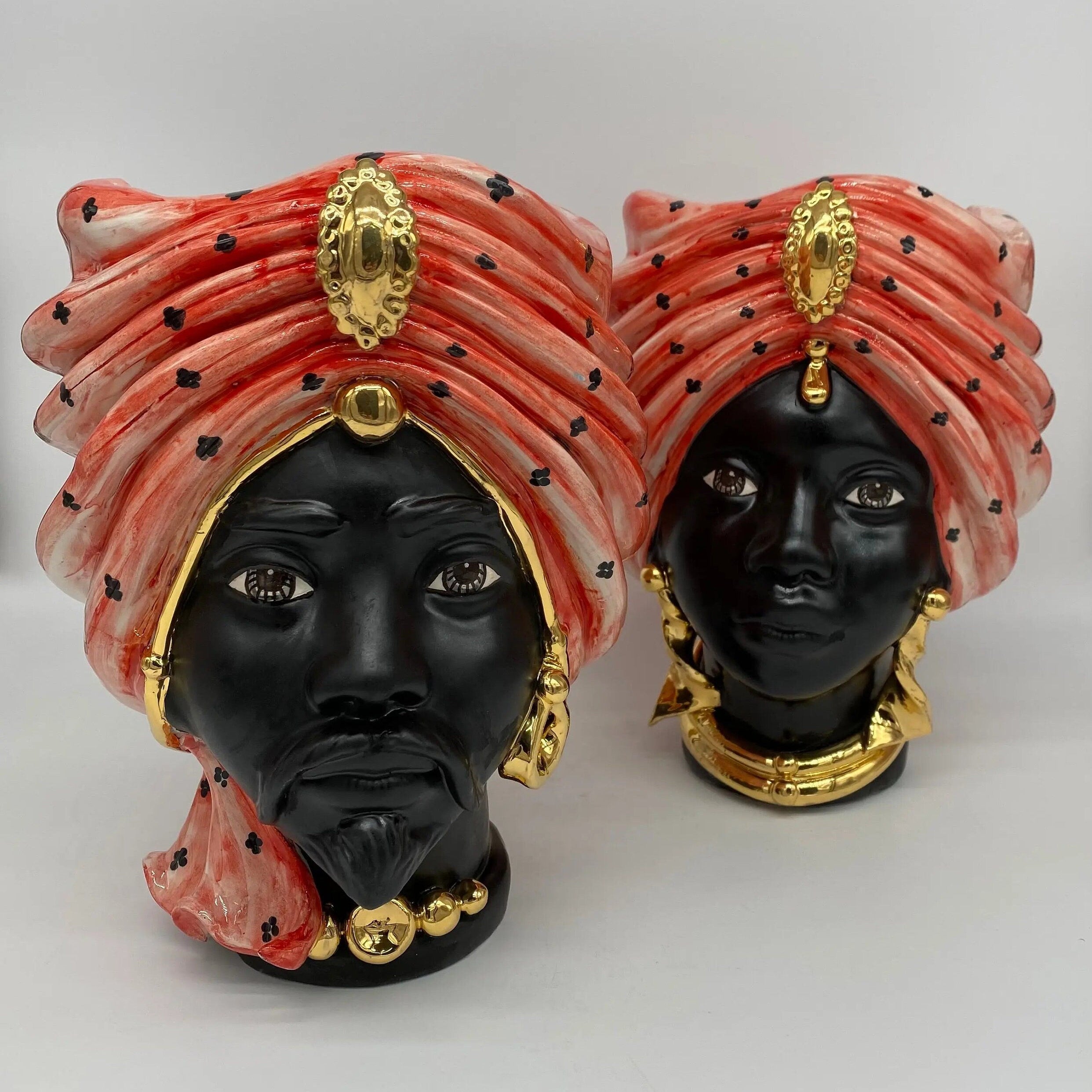 Teste di Moro Atena Ceramica Caltagirone cm H.24 L.18 Artigianale Rosso Pois Nero Oro DD CERAMICHE SICILIANE