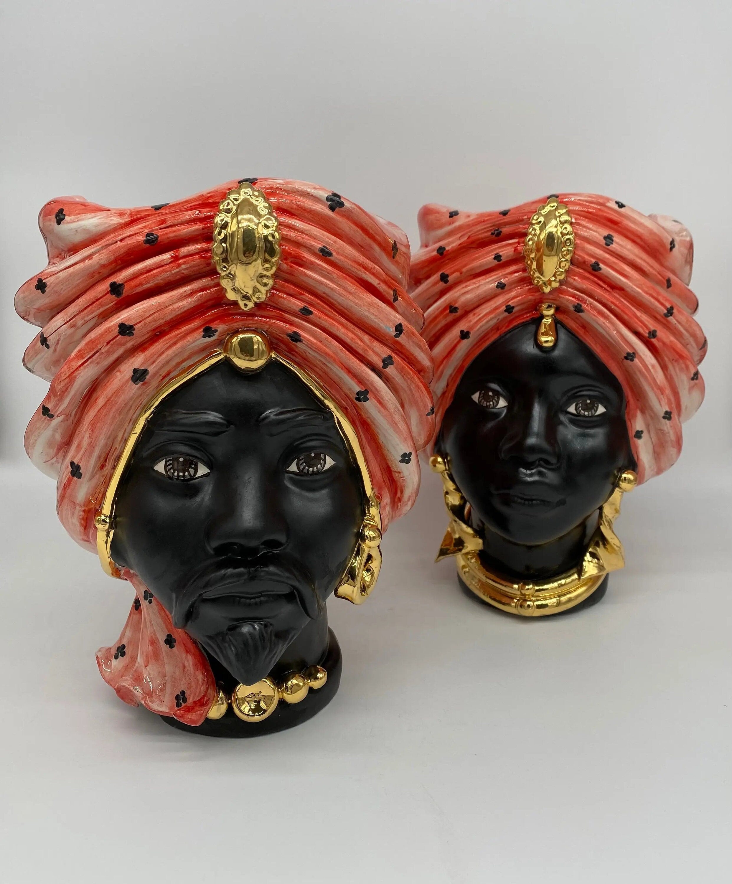 Teste di Moro Atena Ceramica Caltagirone cm H.24 L.18 Artigianale Rosso Pois Nero Oro DD CERAMICHE SICILIANE