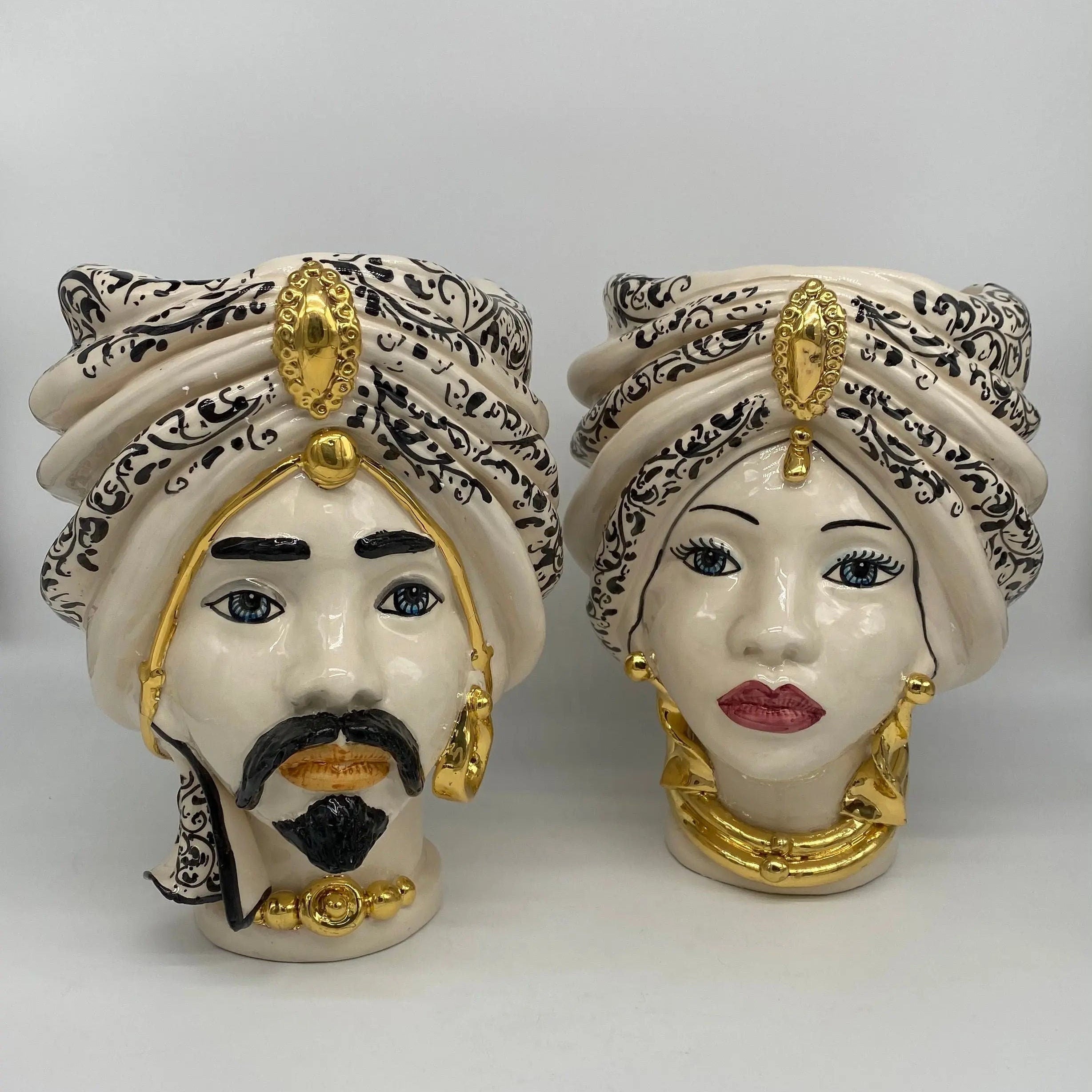 Teste di Moro Atena Ceramica Caltagirone cm H.24 L.18 Artigianale Bianco Decoro Barocco Oro DD CERAMICHE SICILIANE