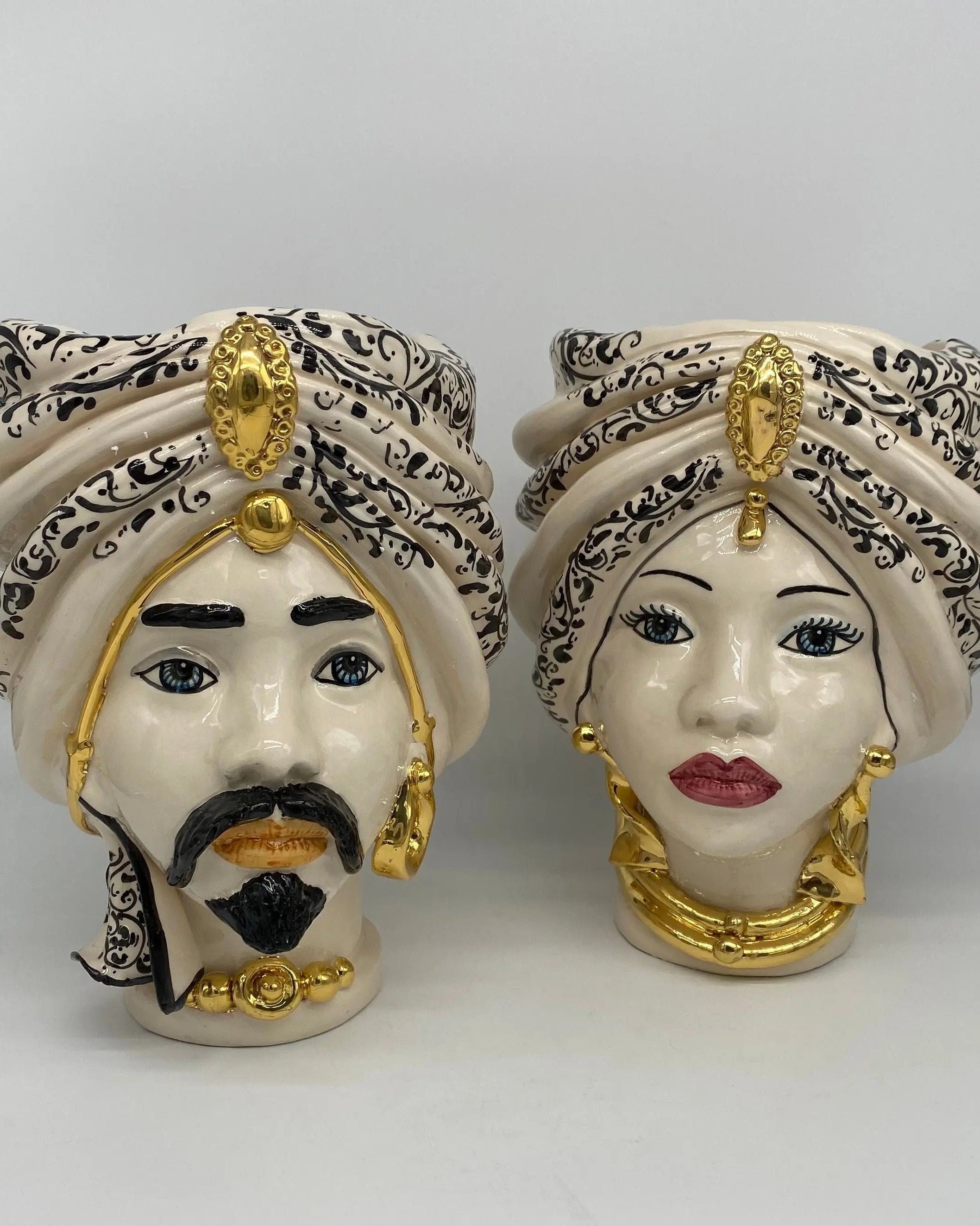 Teste di Moro Atena Ceramica Caltagirone cm H.24 L.18 Artigianale Bianco Decoro Barocco Oro DD CERAMICHE SICILIANE