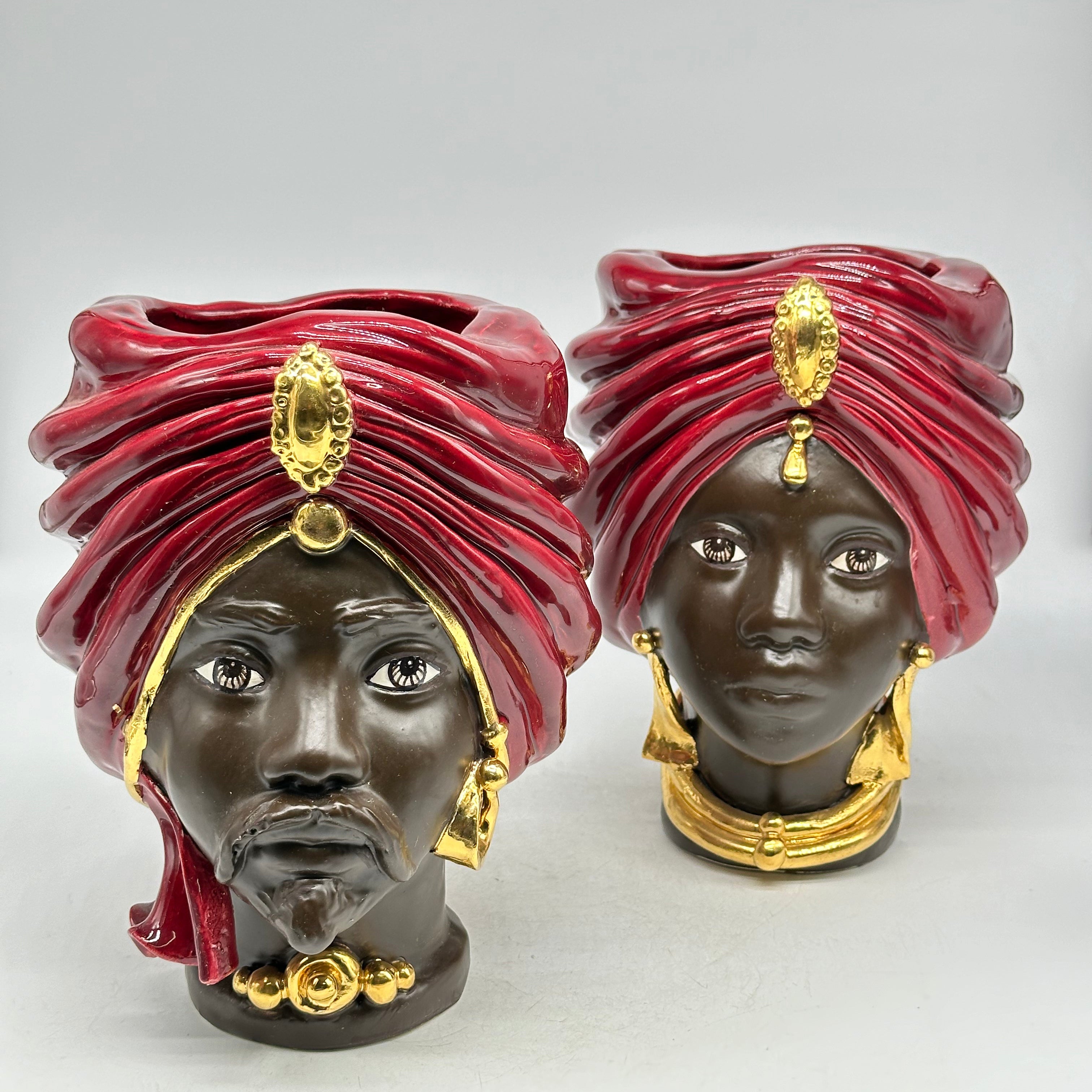 Teste di Moro Atena Ceramica Caltagirone cm H.24 L.18 Artigianale Bordeaux Marrone Oro - TESTE DI MORO