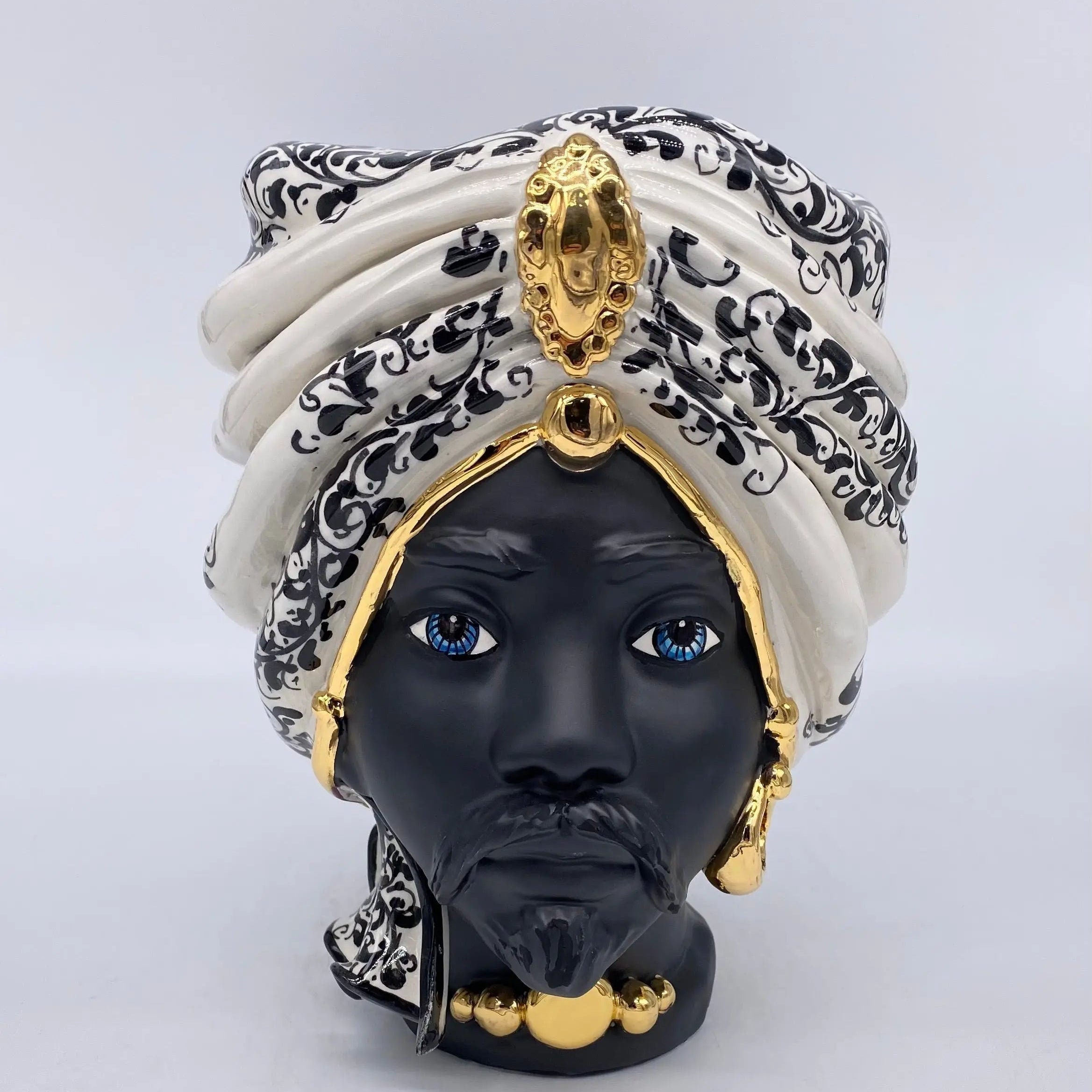 Teste di Moro Atena Ceramica Caltagirone cm H.24 L.18 Artigianale Opaco Bianco Barocco Oro DD CERAMICHE SICILIANE