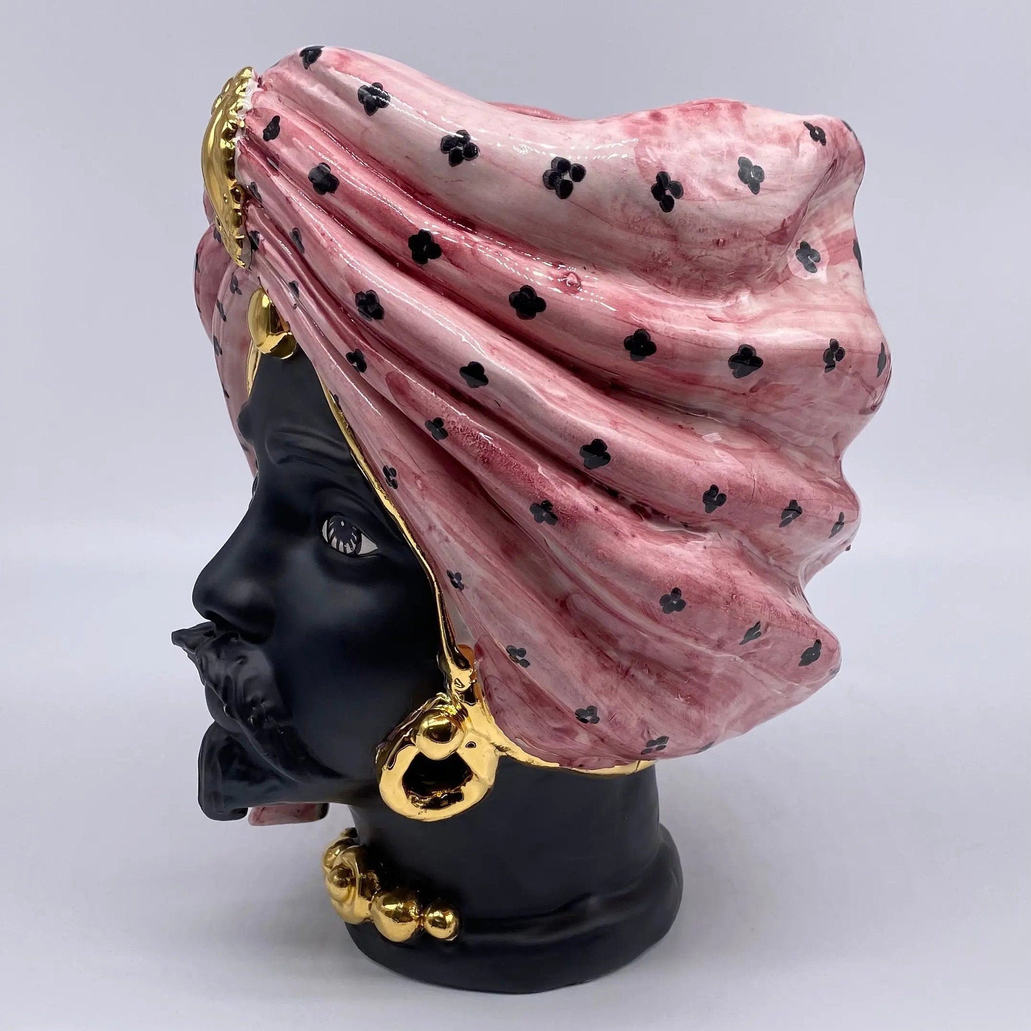 Teste di Moro Atena Ceramica Caltagirone cm H.24 L.18 Artigianale Rosa Pois Nero Oro DD CERAMICHE SICILIANE