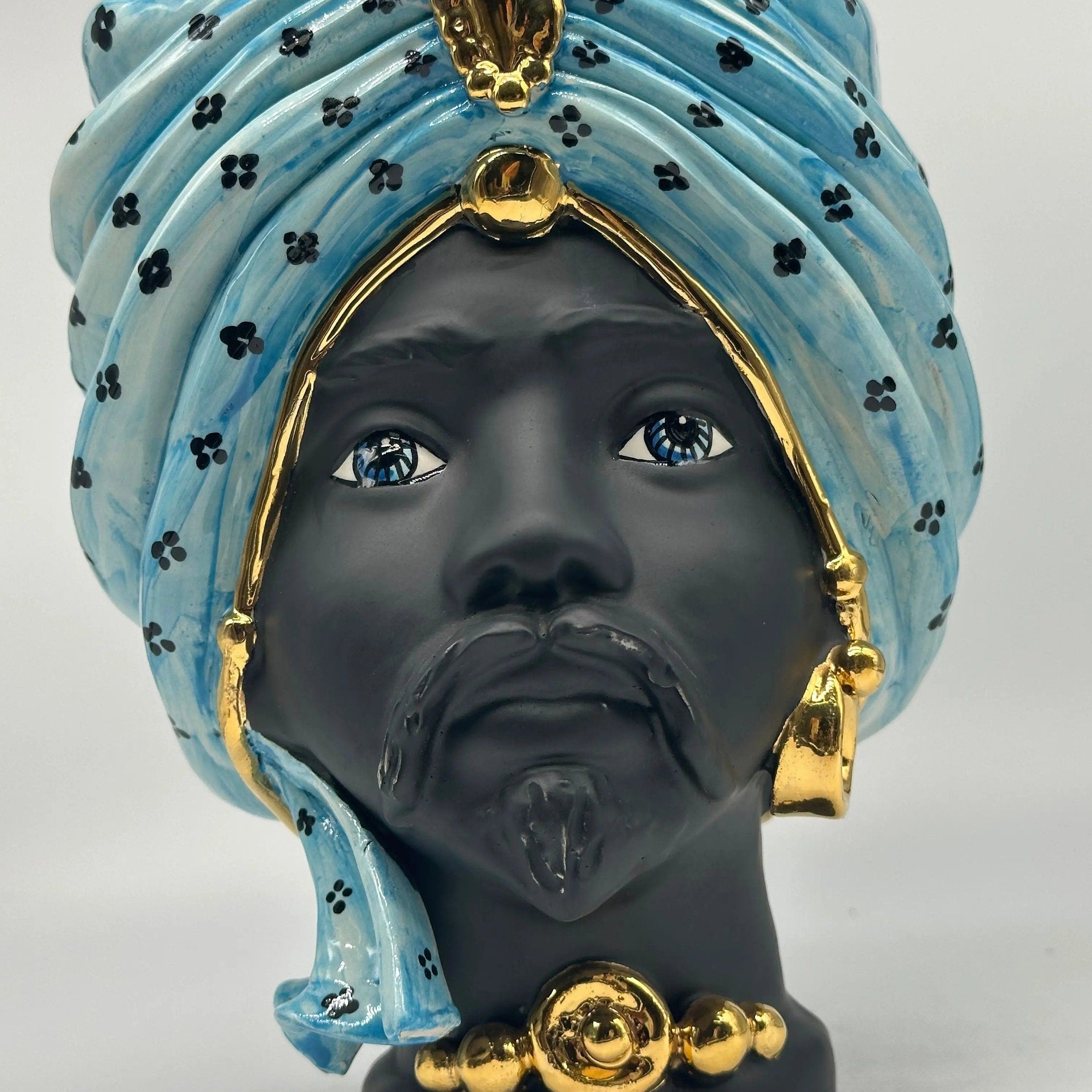 Teste di Moro Atena Ceramica Caltagirone cm H.24 L.18 Artigianale Celeste Pois Nero Oro DD CERAMICHE SICILIANE