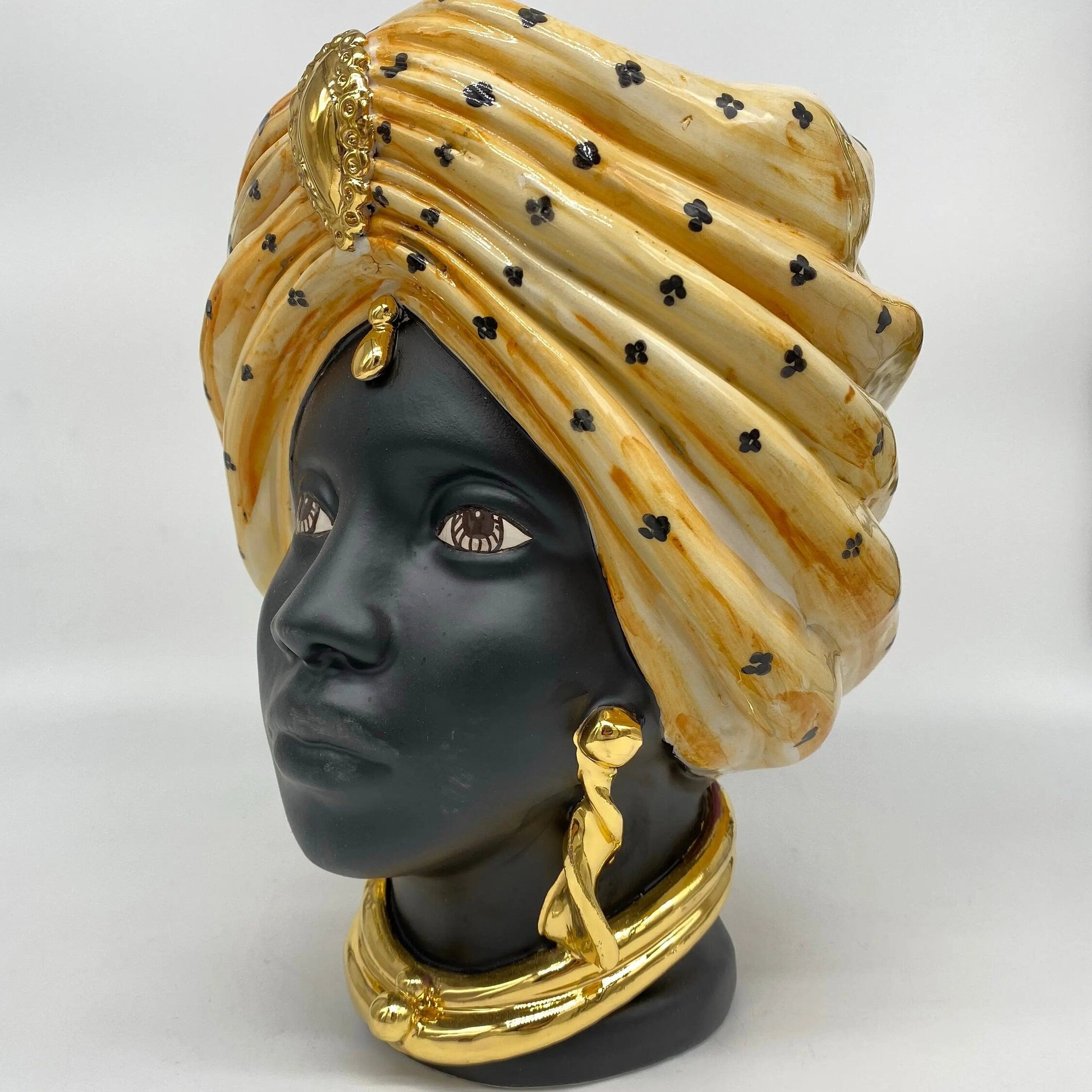 Teste di Moro Atena Ceramica Caltagirone cm H.24 L.18 Artigianale Arancio Pois Nero Oro DD CERAMICHE SICILIANE