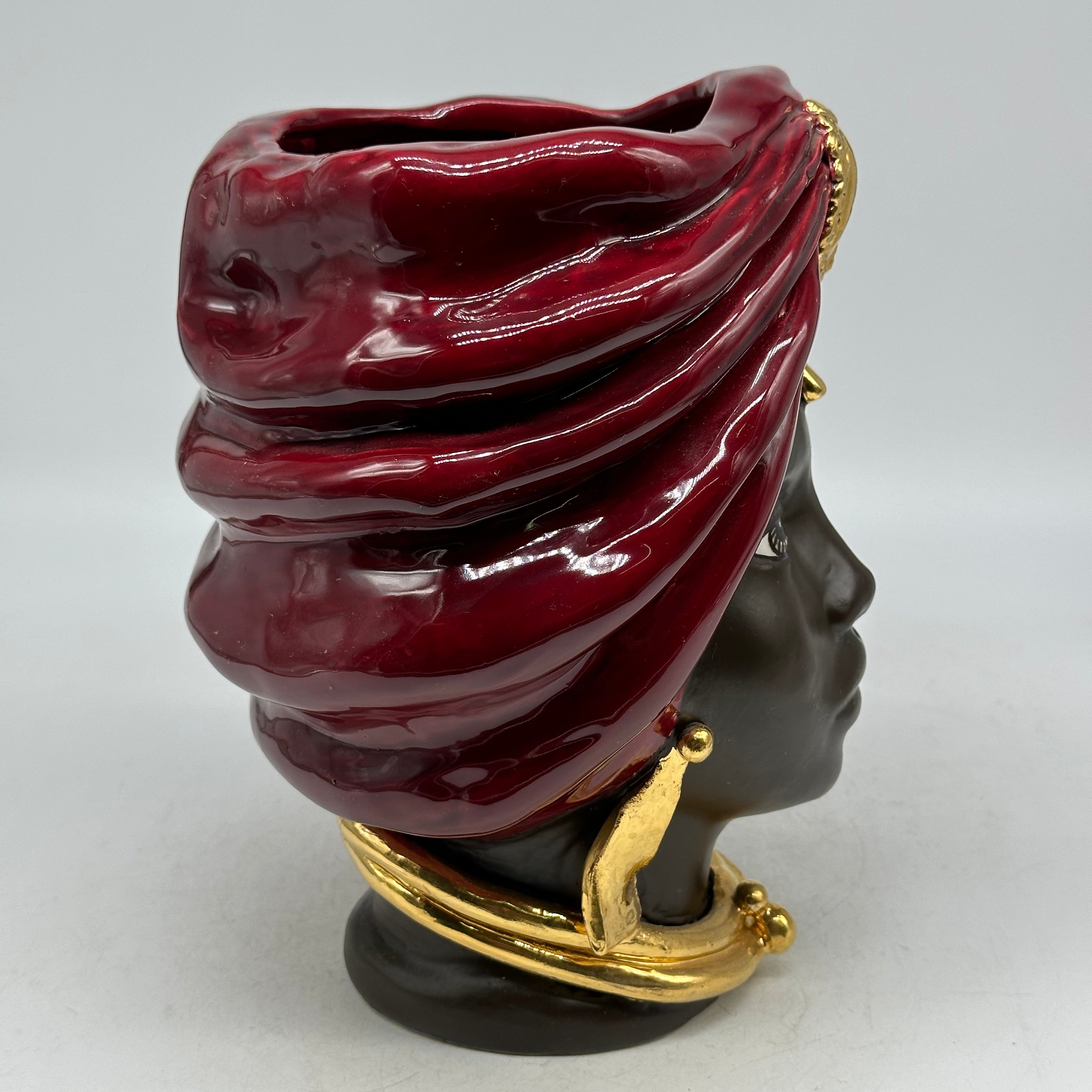 Teste di Moro Atena Ceramica Caltagirone cm H.24 L.18 Artigianale Bordeaux Marrone Oro - TESTE DI MORO