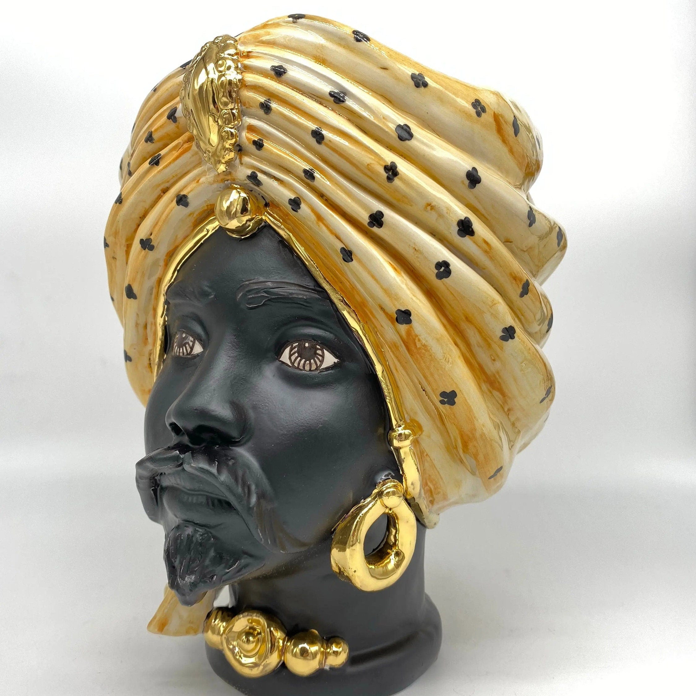 Teste di Moro Atena Ceramica Caltagirone cm H.24 L.18 Artigianale Arancio Pois Nero Oro DD CERAMICHE SICILIANE
