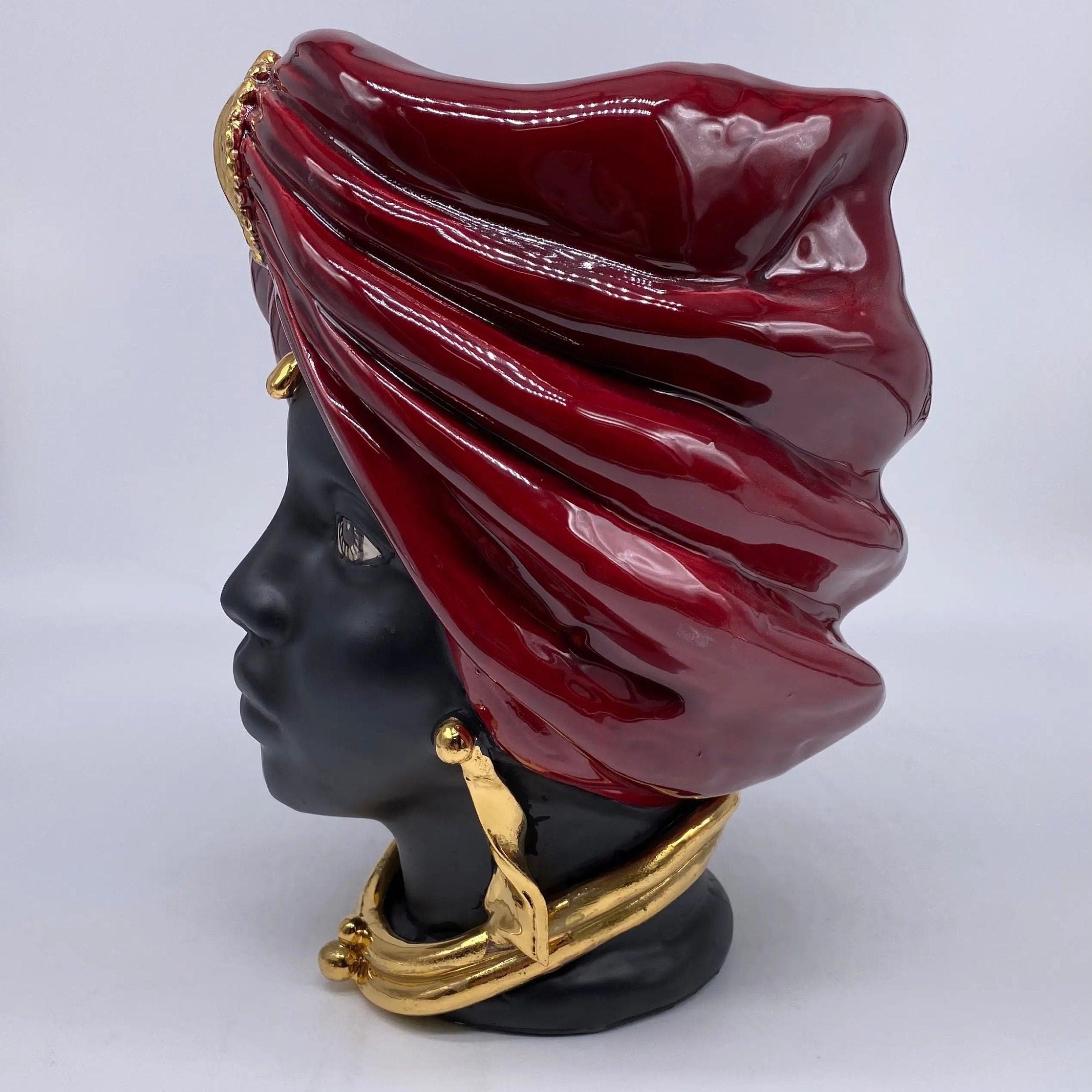 Teste di Moro Atena Ceramica Caltagirone cm H.24 L.18 Artigianale Bordeaux Opaco Oro DD CERAMICHE SICILIANE