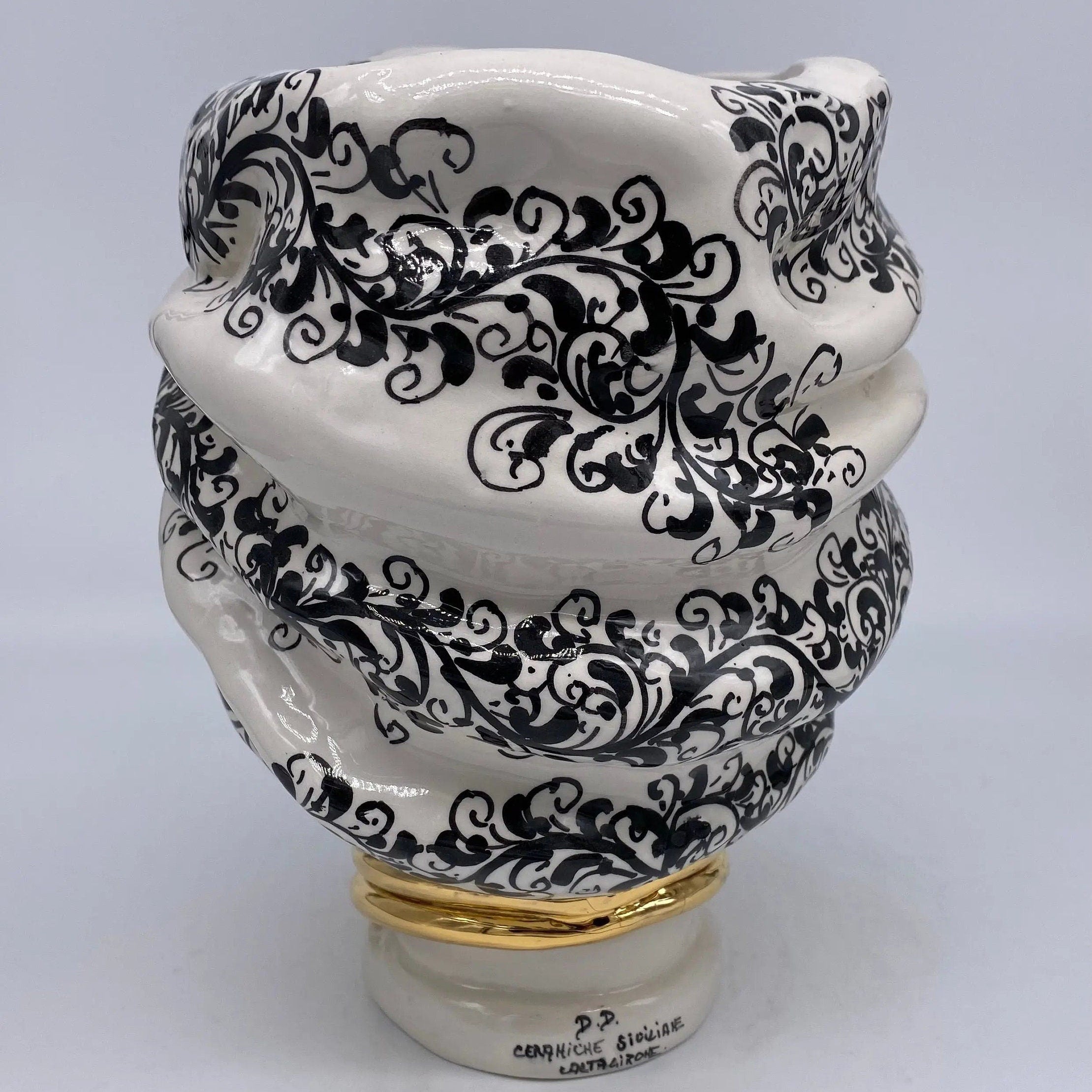 Teste di Moro Atena Ceramica Caltagirone cm H.24 L.18 Artigianale Opaco Bianco Barocco Oro DD CERAMICHE SICILIANE