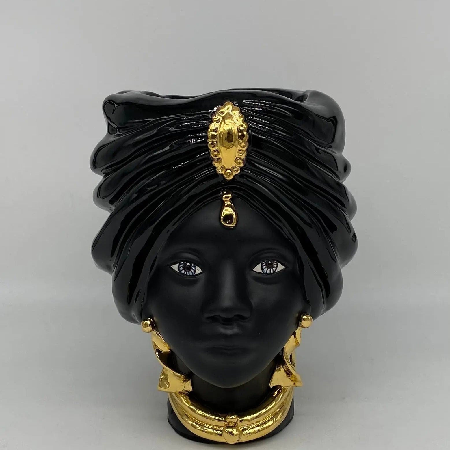 Teste di Moro Atena Ceramica Caltagirone cm H.24 L.18 Artigianale Nero Oro DD CERAMICHE SICILIANE