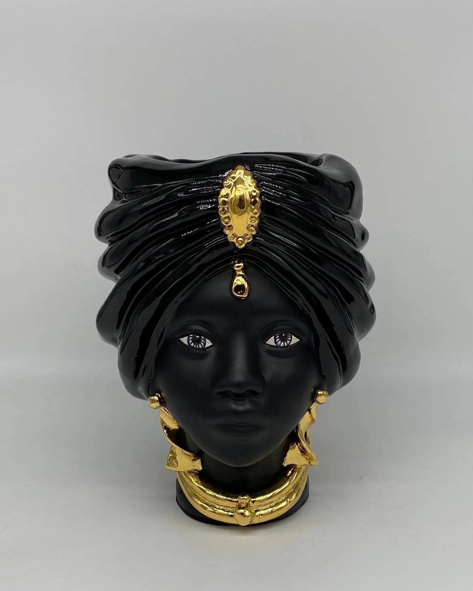 Teste di Moro Atena Ceramica Caltagirone cm H.24 L.18 Artigianale Nero Oro DD CERAMICHE SICILIANE
