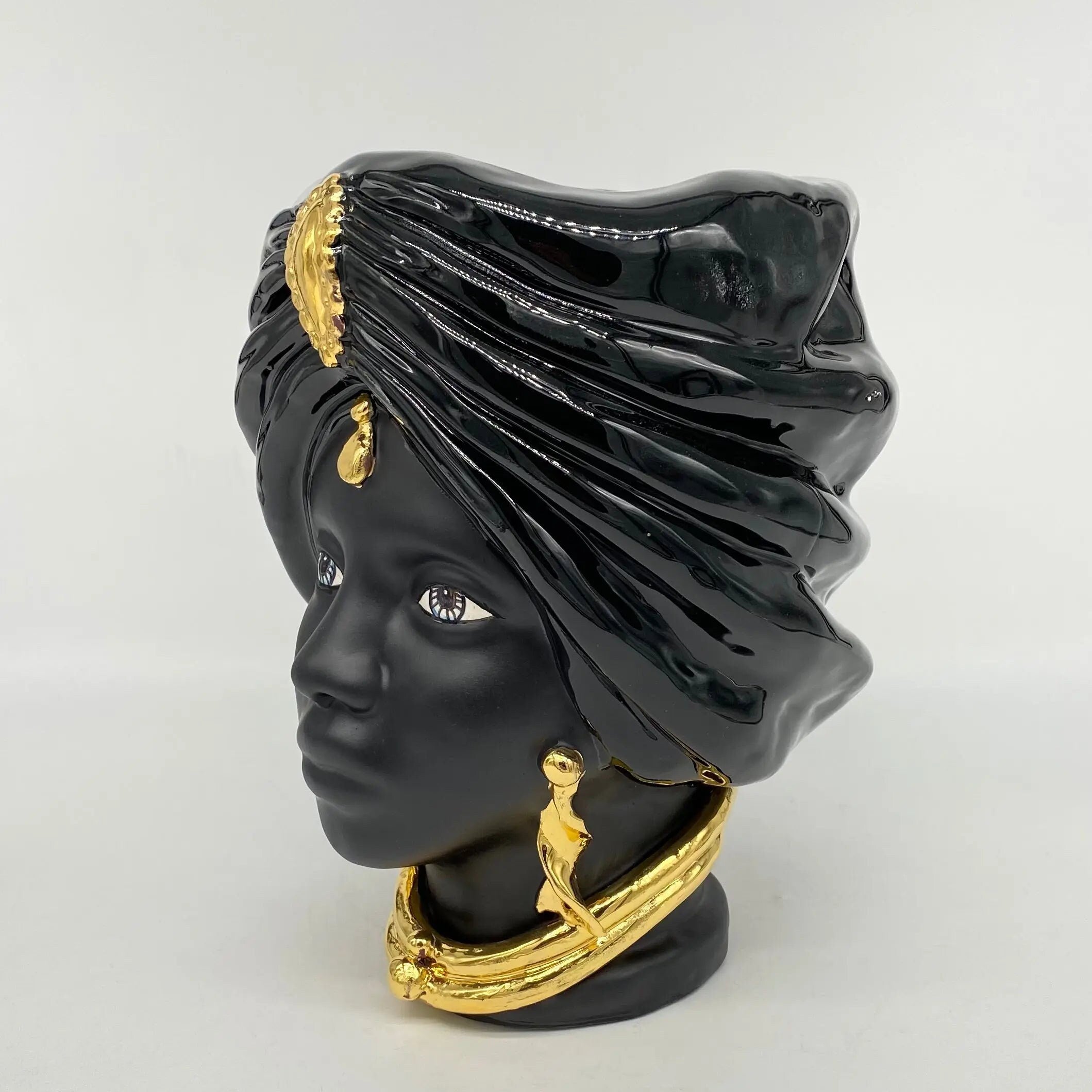 Teste di Moro Atena Ceramica Caltagirone cm H.24 L.18 Artigianale Nero Oro DD CERAMICHE SICILIANE