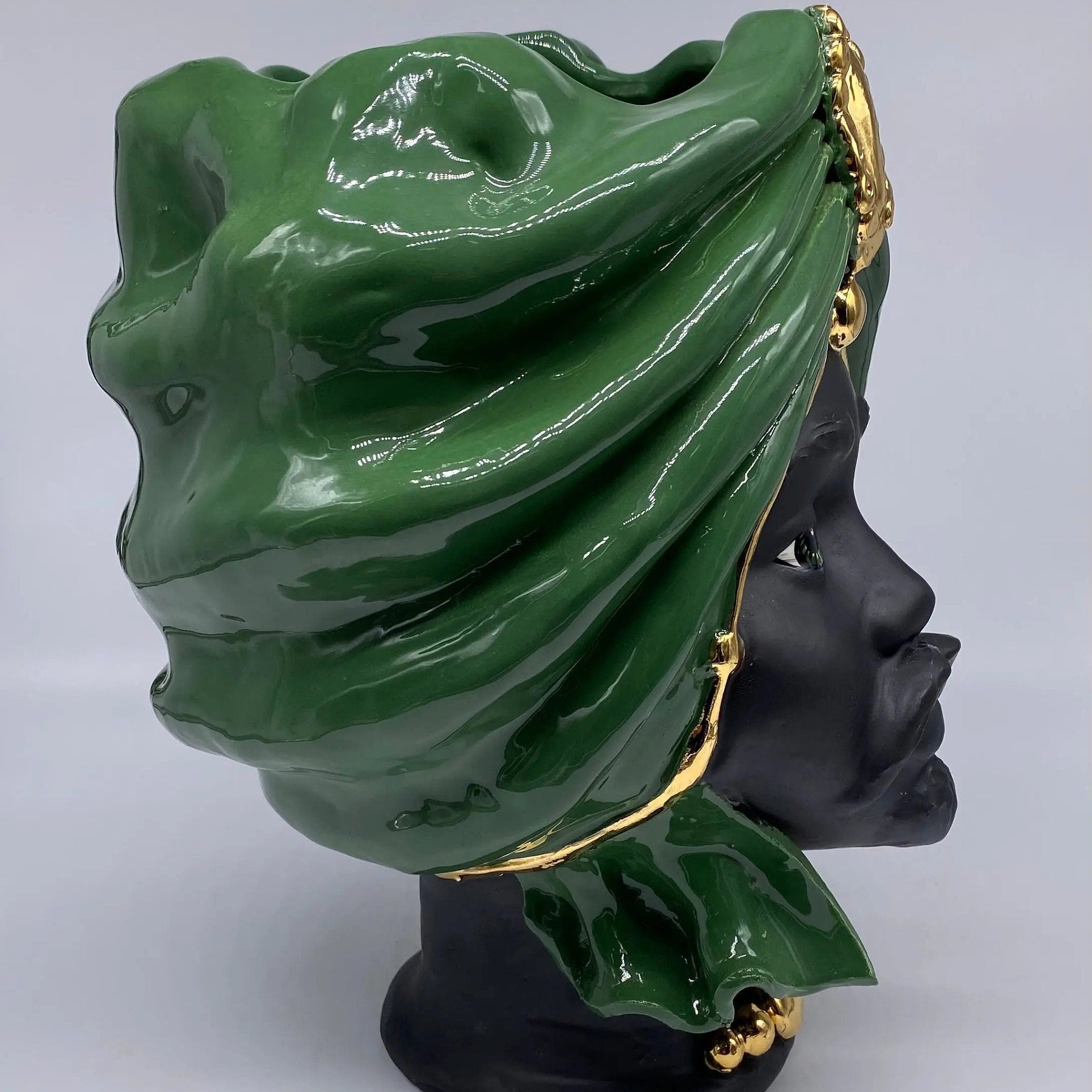 Teste di Moro Atena Ceramica Caltagirone cm H.30 L.23 Artigianale Verde Nero Oro DD CERAMICHE SICILIANE