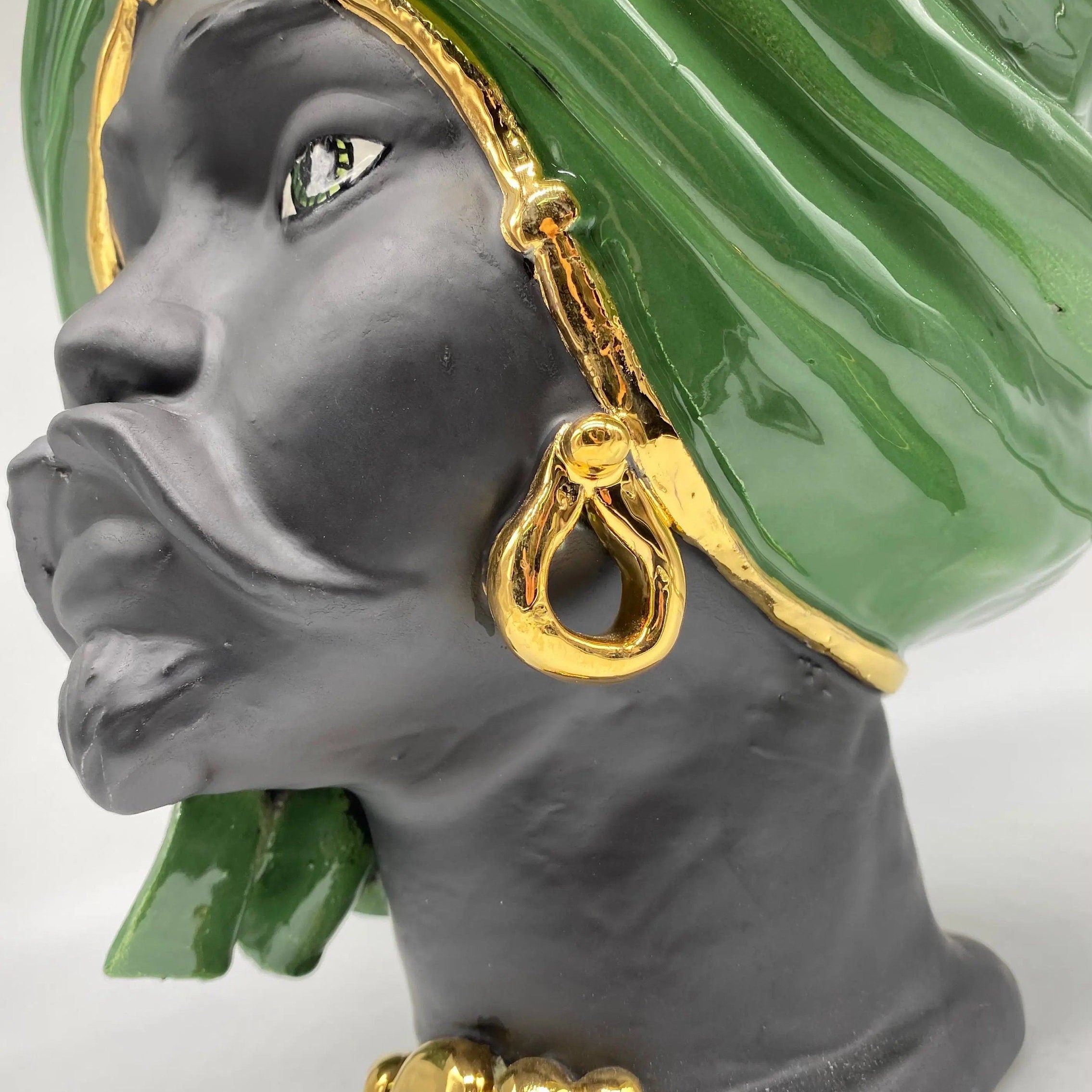 Teste di Moro Atena Ceramica Caltagirone cm H.30 L.23 Artigianale Verde Nero Oro DD CERAMICHE SICILIANE