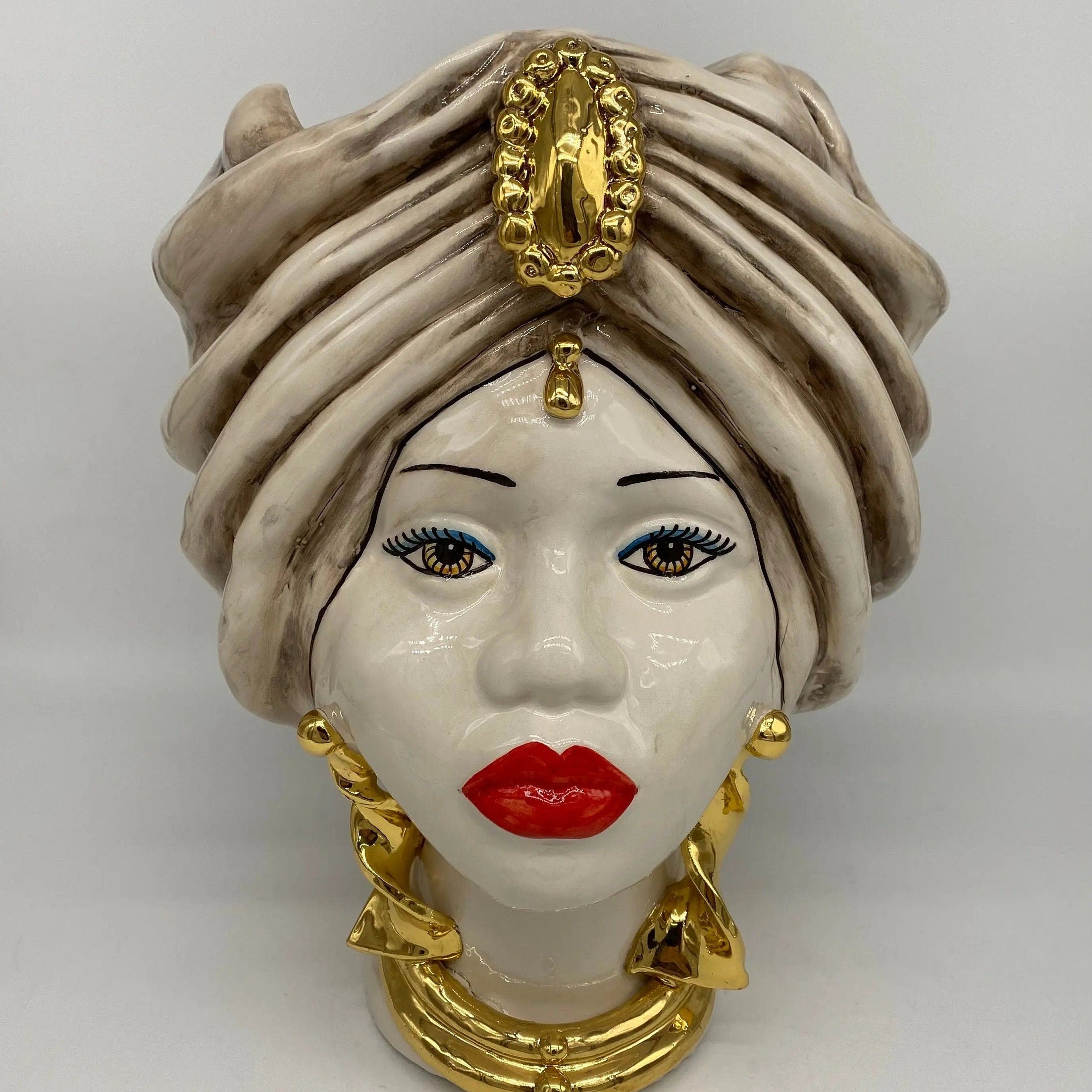 Teste di Moro Atena Ceramica Caltagirone cm H.30 L.23 Artigianale Écru Beige Oro DD CERAMICHE SICILIANE