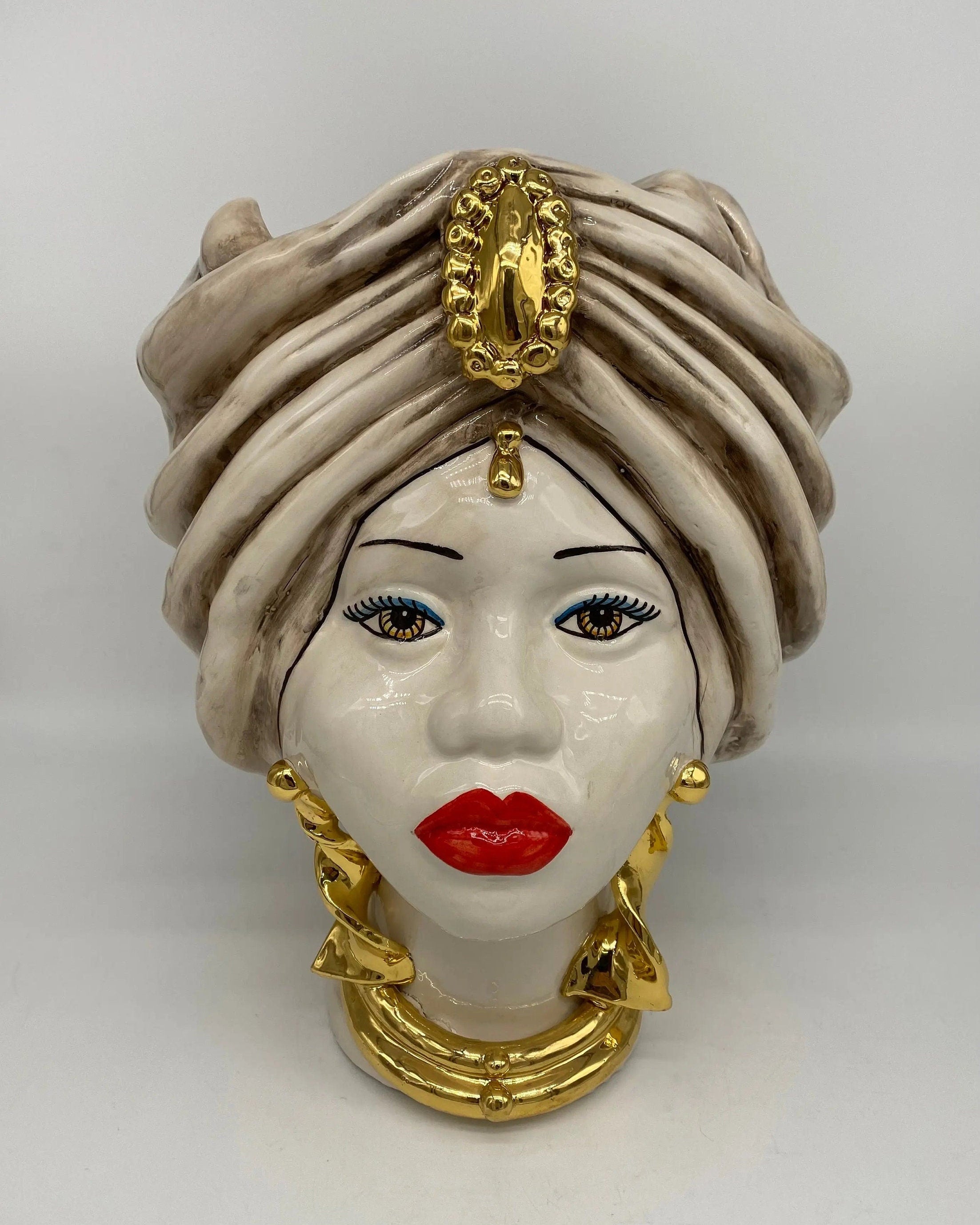 Teste di Moro Atena Ceramica Caltagirone cm H.30 L.23 Artigianale Écru Beige Oro DD CERAMICHE SICILIANE