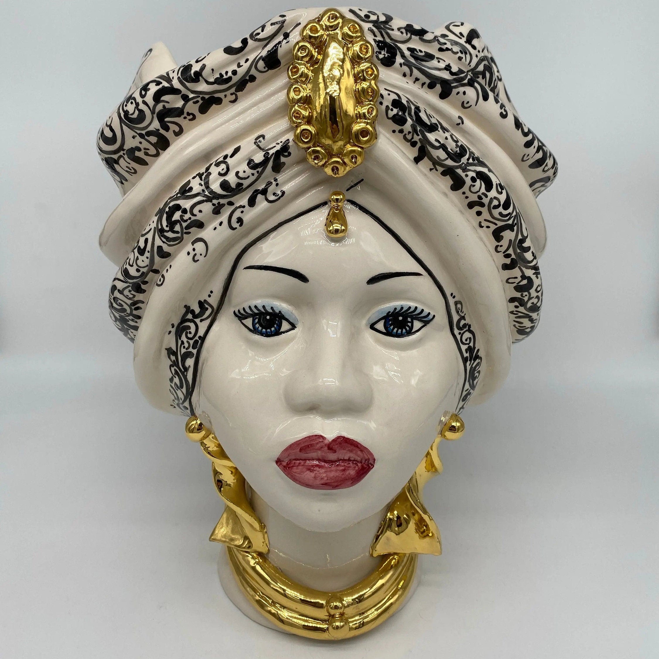 Teste di Moro Atena Ceramica Caltagirone cm H.30 L.23 Artigianale Bianco Decoro Barocco Oro DD CERAMICHE SICILIANE