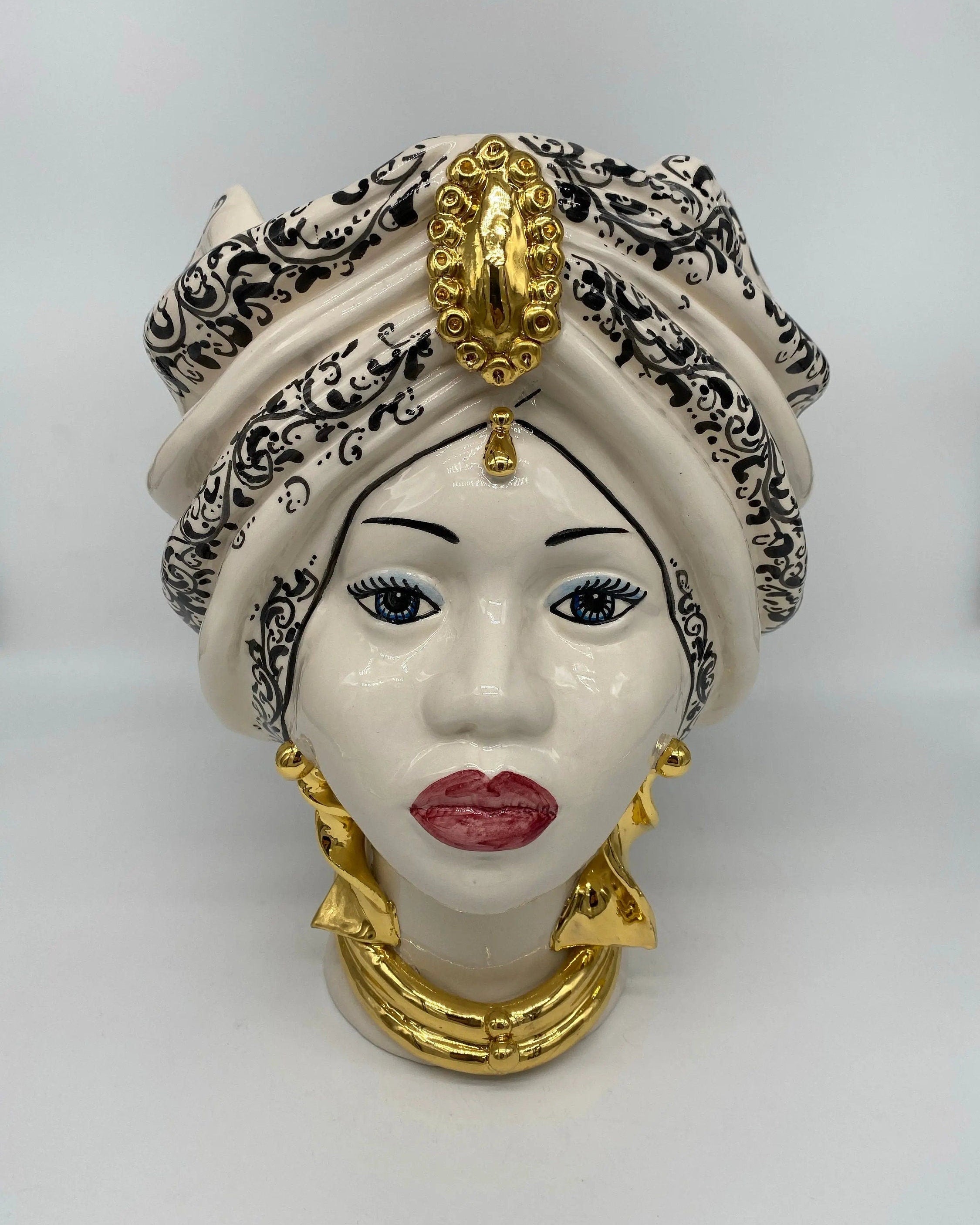Teste di Moro Atena Ceramica Caltagirone cm H.30 L.23 Artigianale Bianco Decoro Barocco Oro DD CERAMICHE SICILIANE