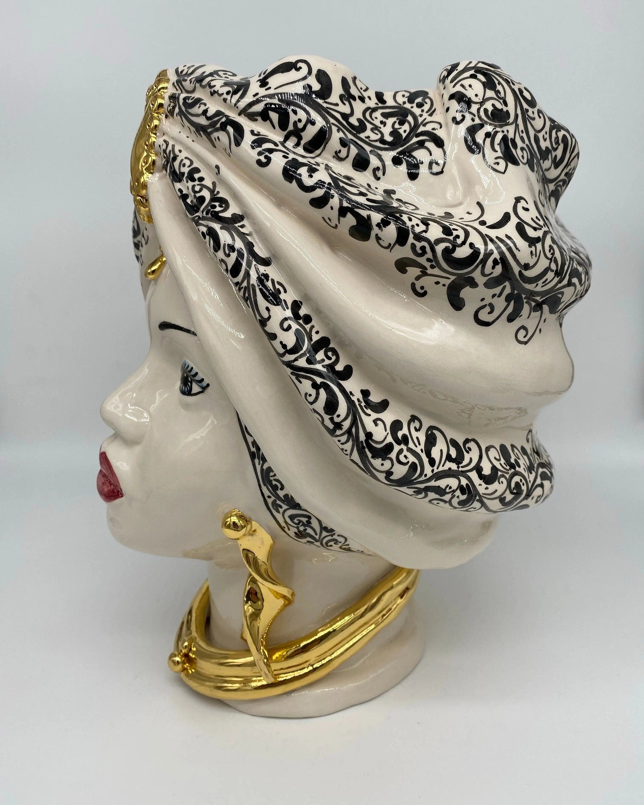 Teste di Moro Atena Ceramica Caltagirone cm H.30 L.23 Artigianale Bianco Decoro Barocco Oro DD CERAMICHE SICILIANE