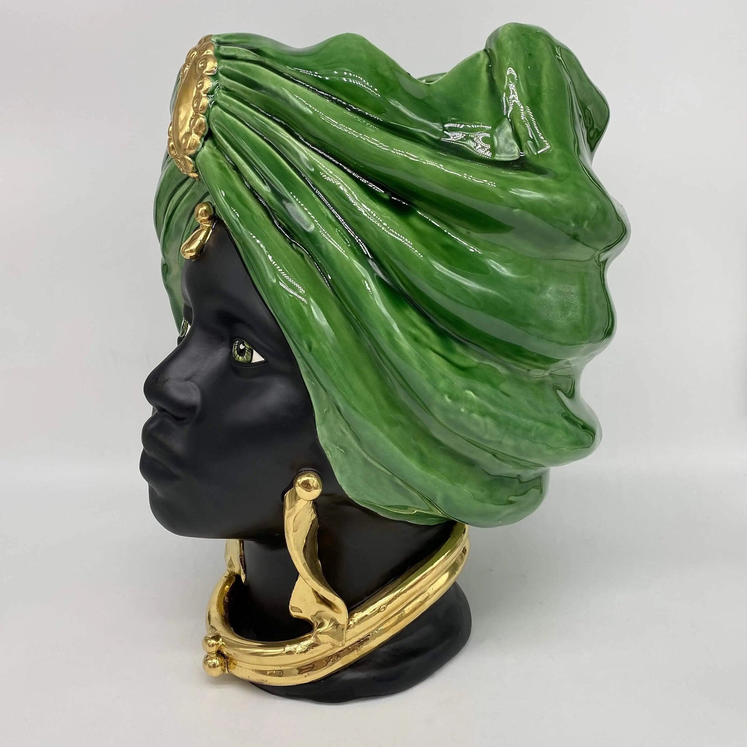 Teste di Moro Atena Ceramica Caltagirone cm H.30 L.23 Artigianale Verde Cristallo Nero Oro DD CERAMICHE SICILIANE