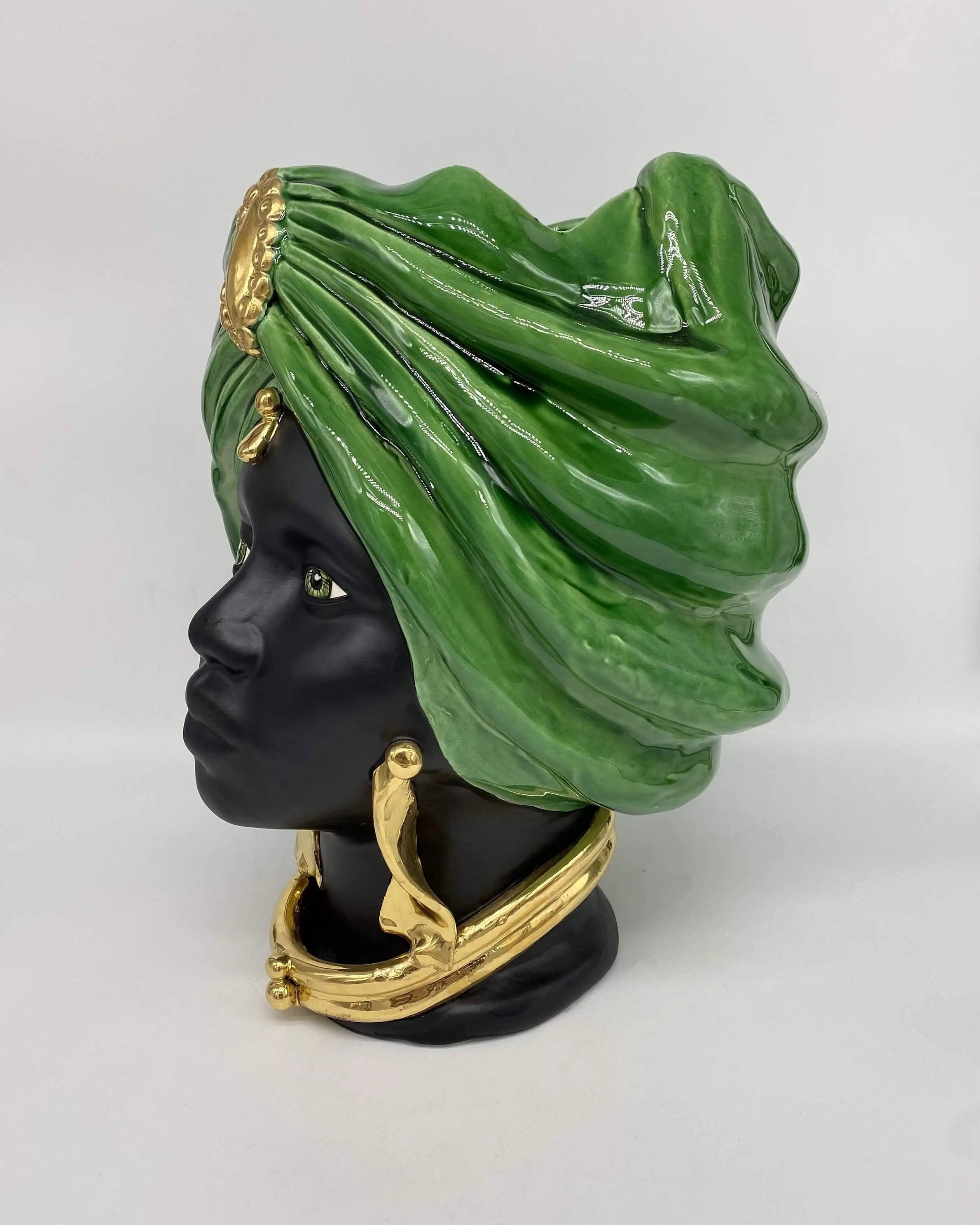 Teste di Moro Atena Ceramica Caltagirone cm H.30 L.23 Artigianale Verde Cristallo Nero Oro DD CERAMICHE SICILIANE