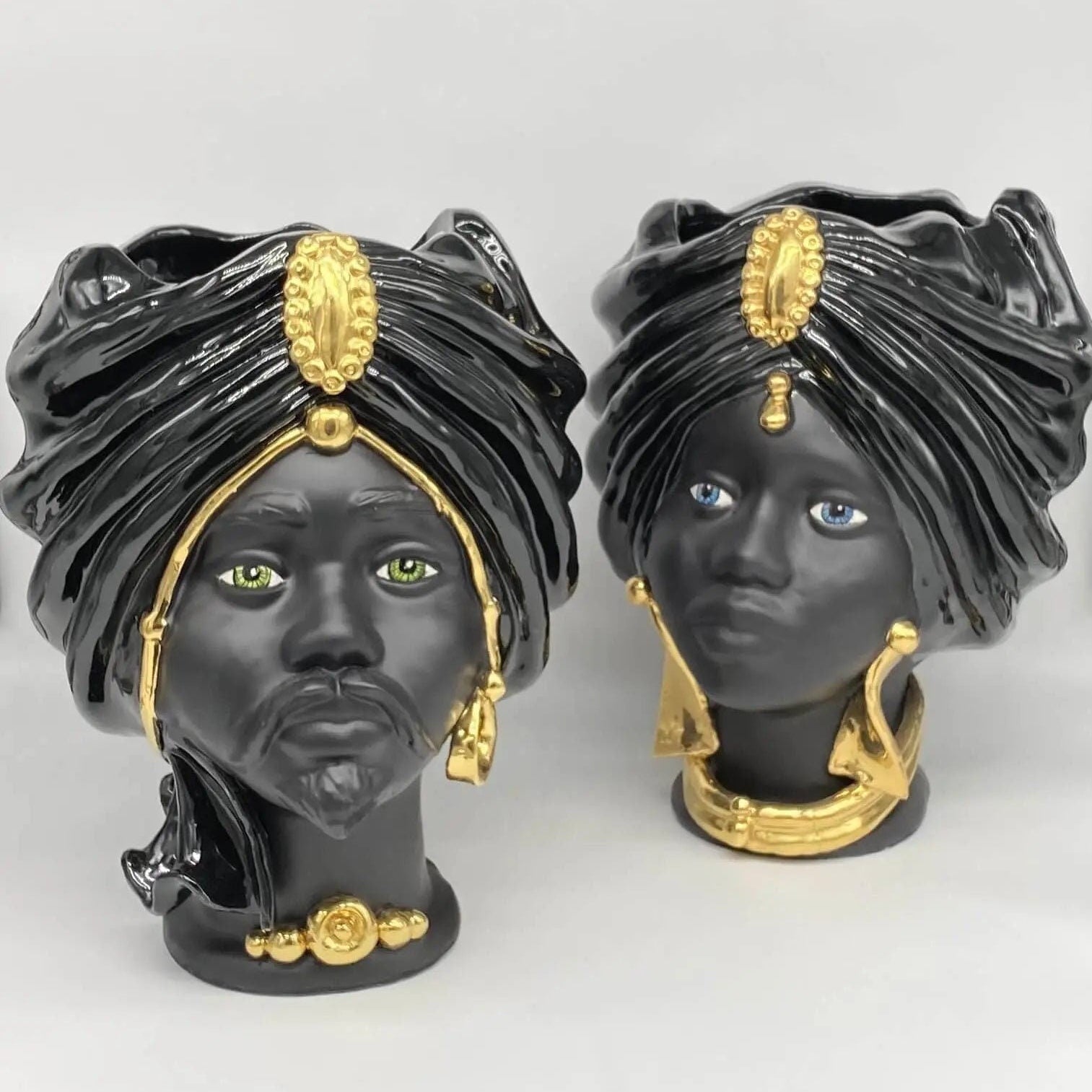 Teste di Moro Atena Ceramica Caltagirone cm H.30 L.23 Artigianale Nero Oro DD CERAMICHE SICILIANE