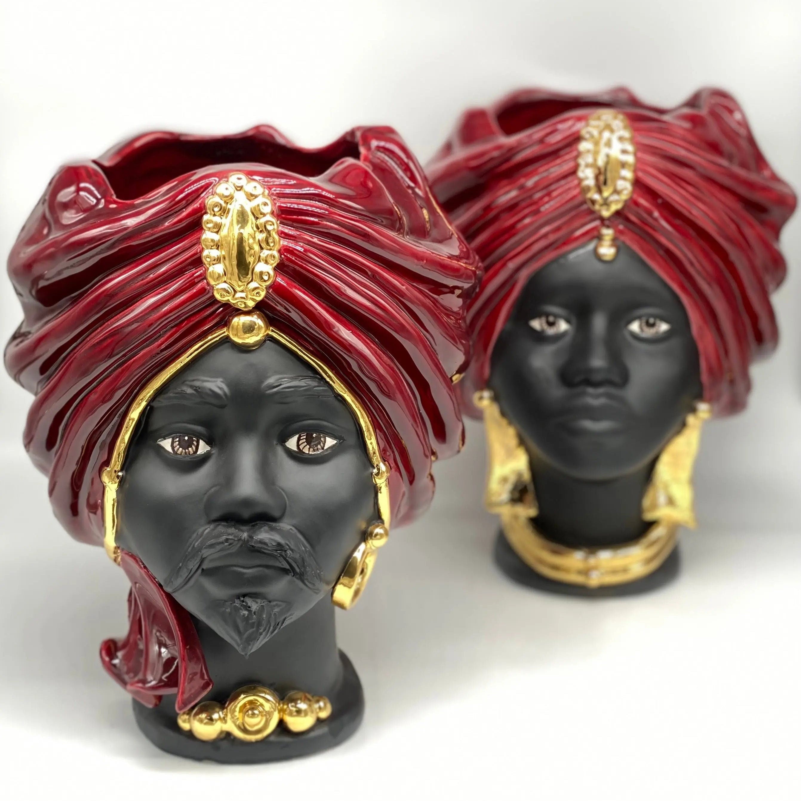 Teste di Moro Atena Ceramica Caltagirone cm H.30 L.23 Artigianale Bordeaux Nero Oro DD CERAMICHE SICILIANE