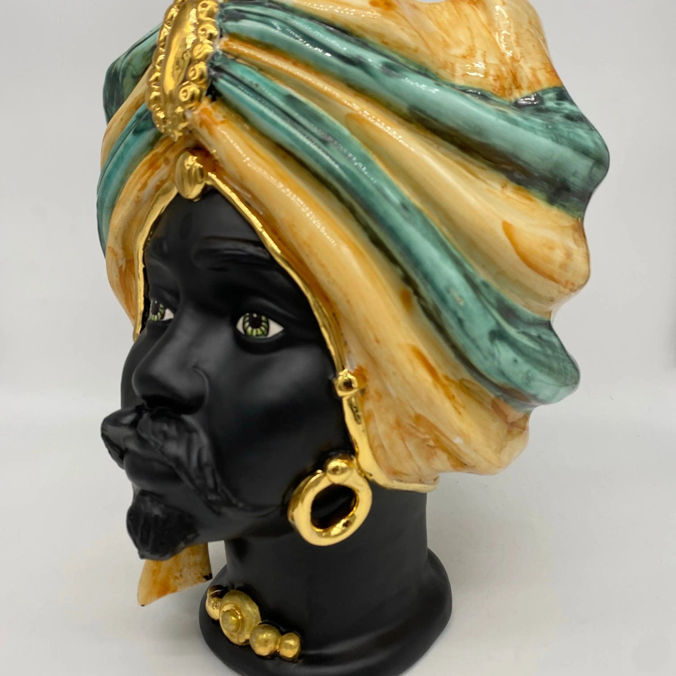 Teste di Moro Atena Ceramica Caltagirone cm H.30 L.23 Artigianale Ocra Verde Nero Oro DD CERAMICHE SICILIANE