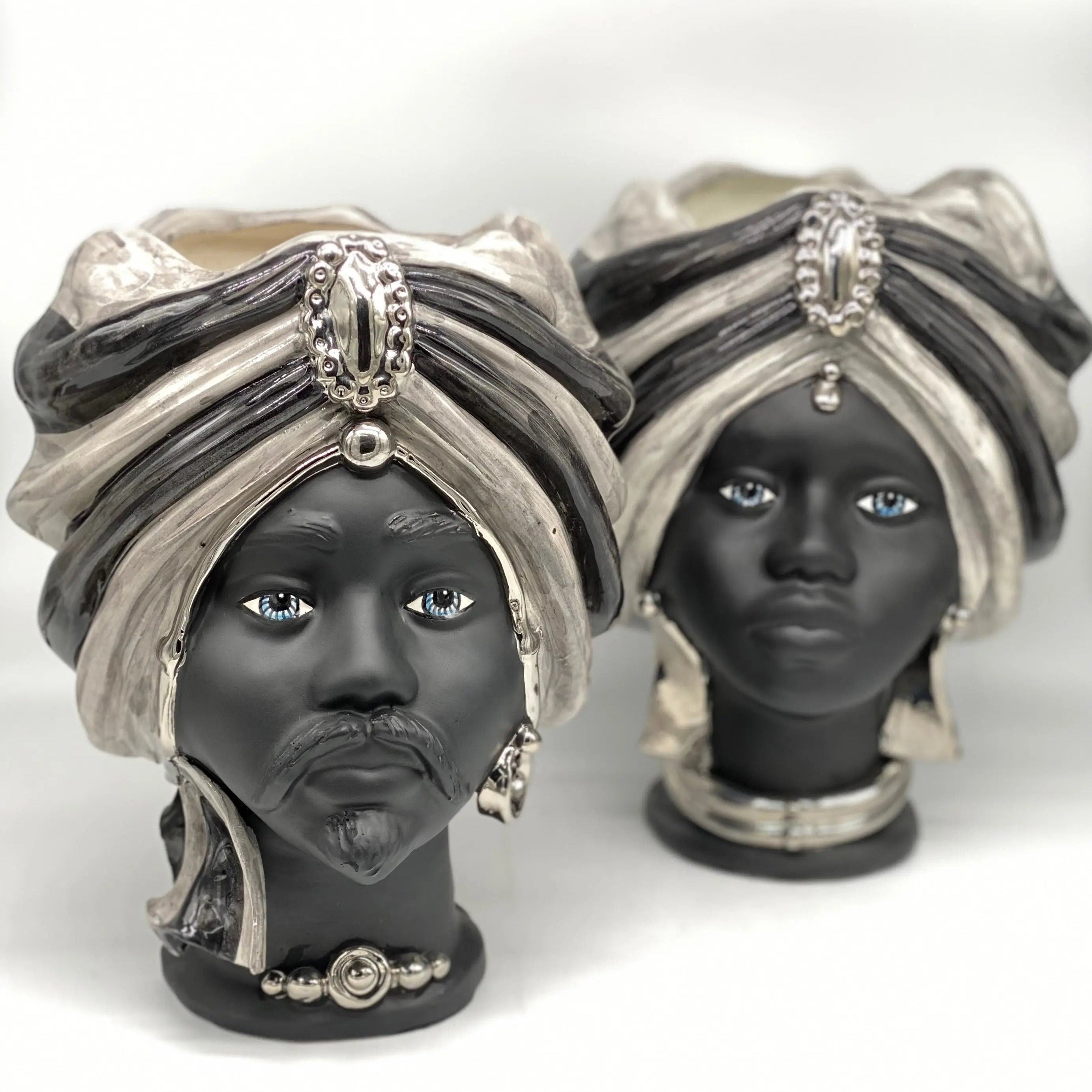 Teste di Moro Atena Ceramica Caltagirone cm H.30 L.23 Artigianale Grigio Nero Platino DD CERAMICHE SICILIANE