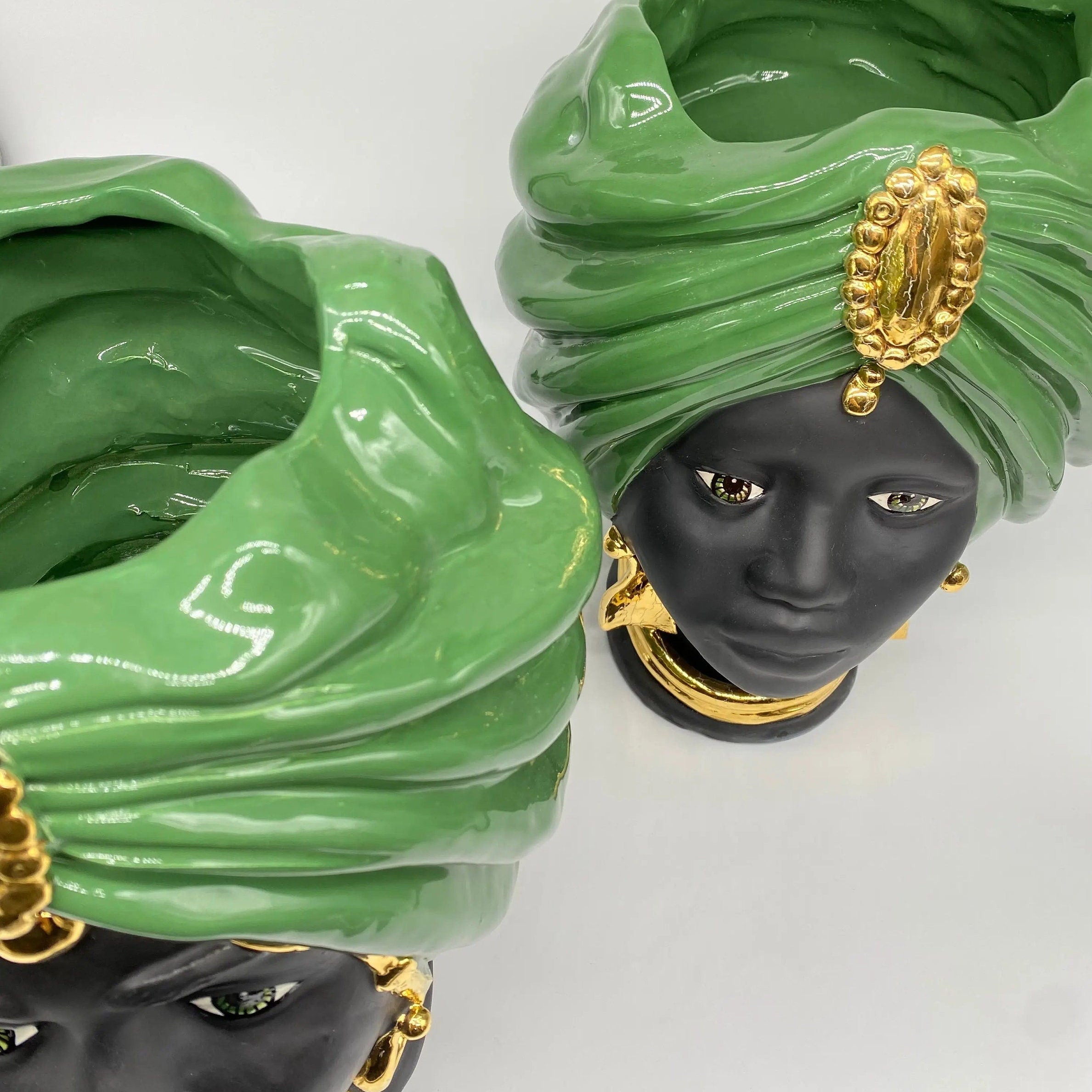 Teste di Moro Atena Ceramica Caltagirone cm H.30 L.23 Artigianale Verde Nero Oro DD CERAMICHE SICILIANE