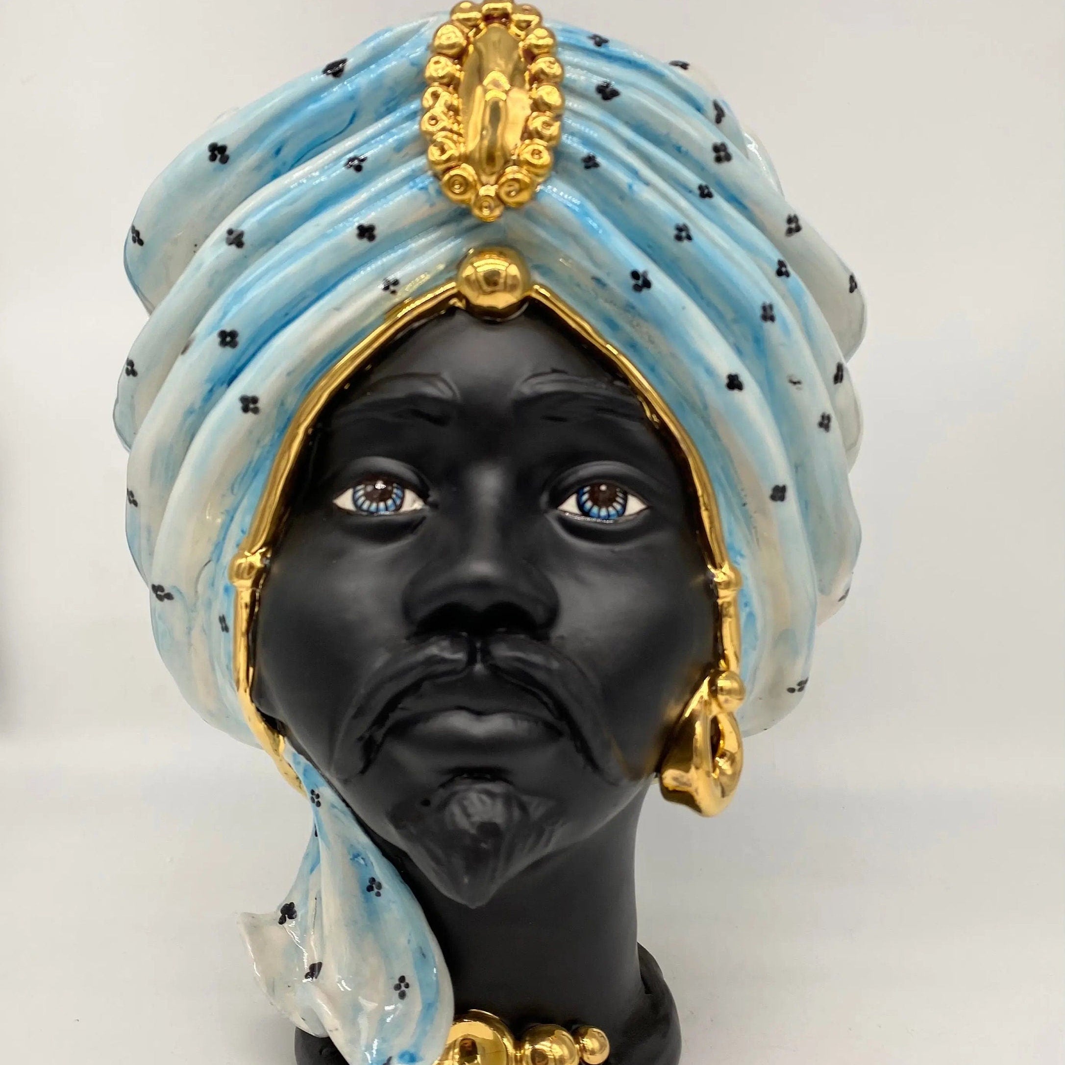 Teste di Moro Atena Ceramica Caltagirone cm H.30 L.23 Artigianale Celeste Pois Nero Oro DD CERAMICHE SICILIANE