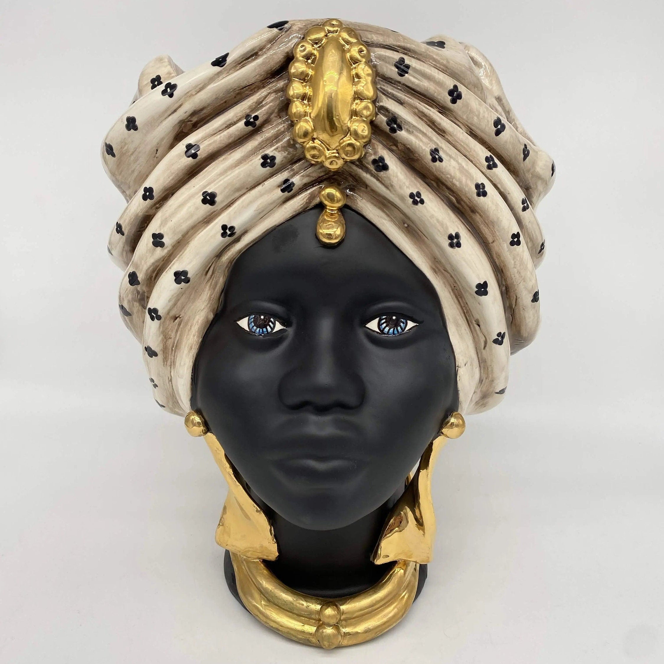 Teste di Moro Atena Ceramica Caltagirone cm H.30 L.23 Artigianale Écru Pois Nero Oro DD CERAMICHE SICILIANE