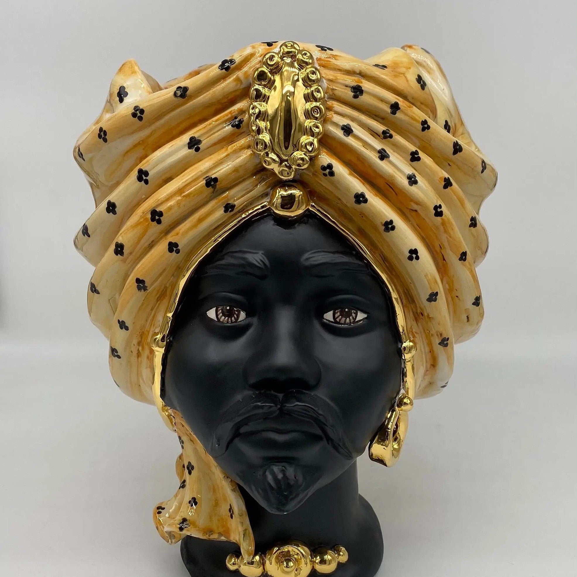 Teste di Moro Atena Ceramica Caltagirone cm H.30 L.23 Artigianale Arancio Pois Nero Oro DD CERAMICHE SICILIANE